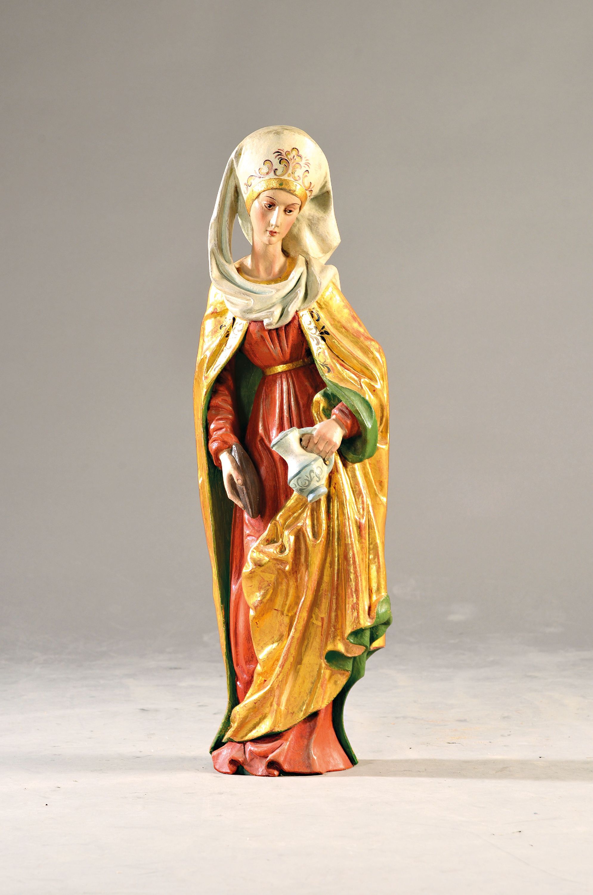 Bildschnitzerei, Hl. Elisabeth, Oberammergau 1970/80er-Jahre, Holz vollplastisch geschnitzt, farbig und gold gefasst, Darstellung der Elisabeth von ...