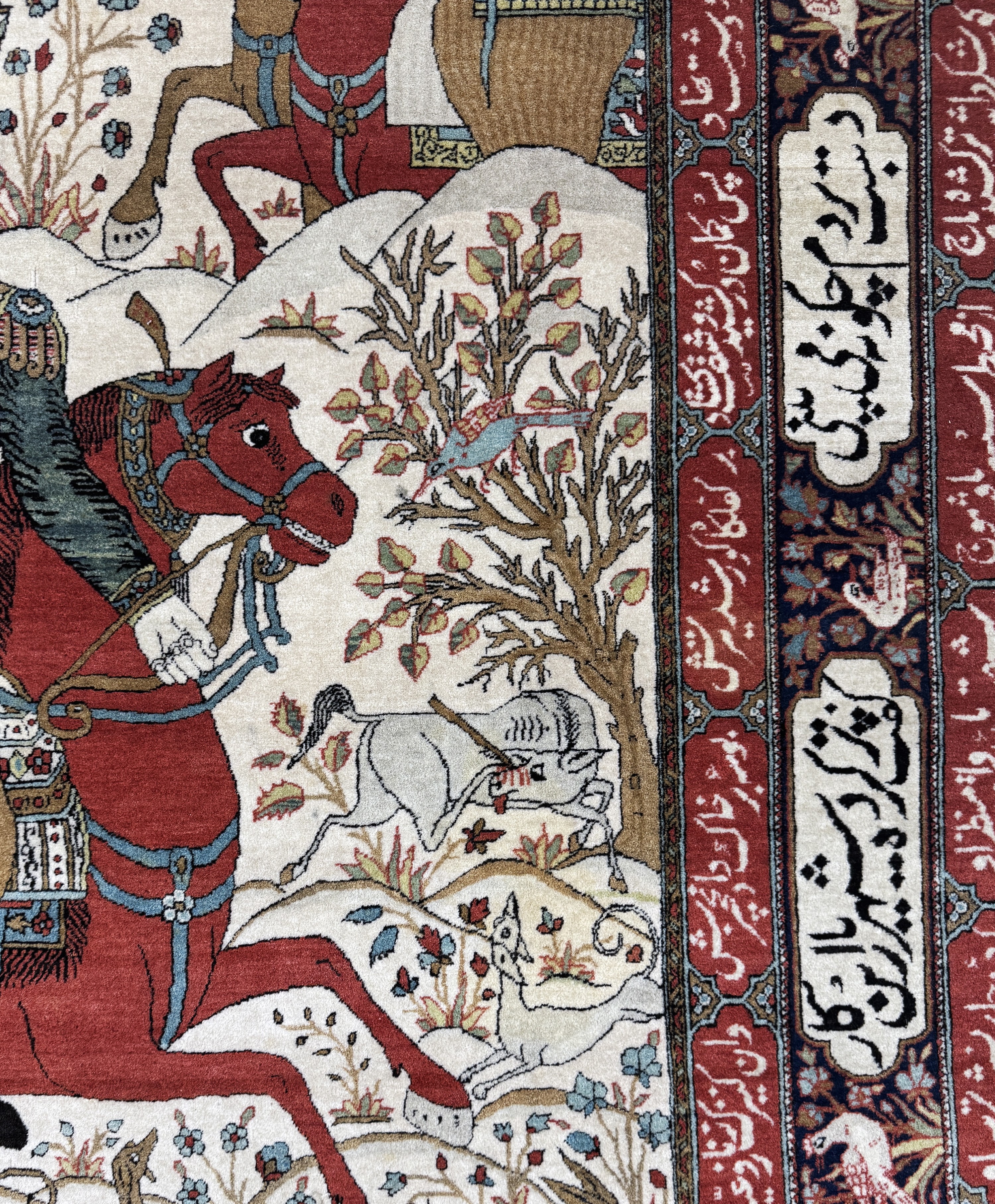 Detail d: Keschan"Mohtasham"fein antik, Persien(Bahram Gur Geschichte), 19.Jhd, Manchester-Korkwolle, ca. 220 x 135 cm, EHZ: 1-2(eine Seite Fransen ...