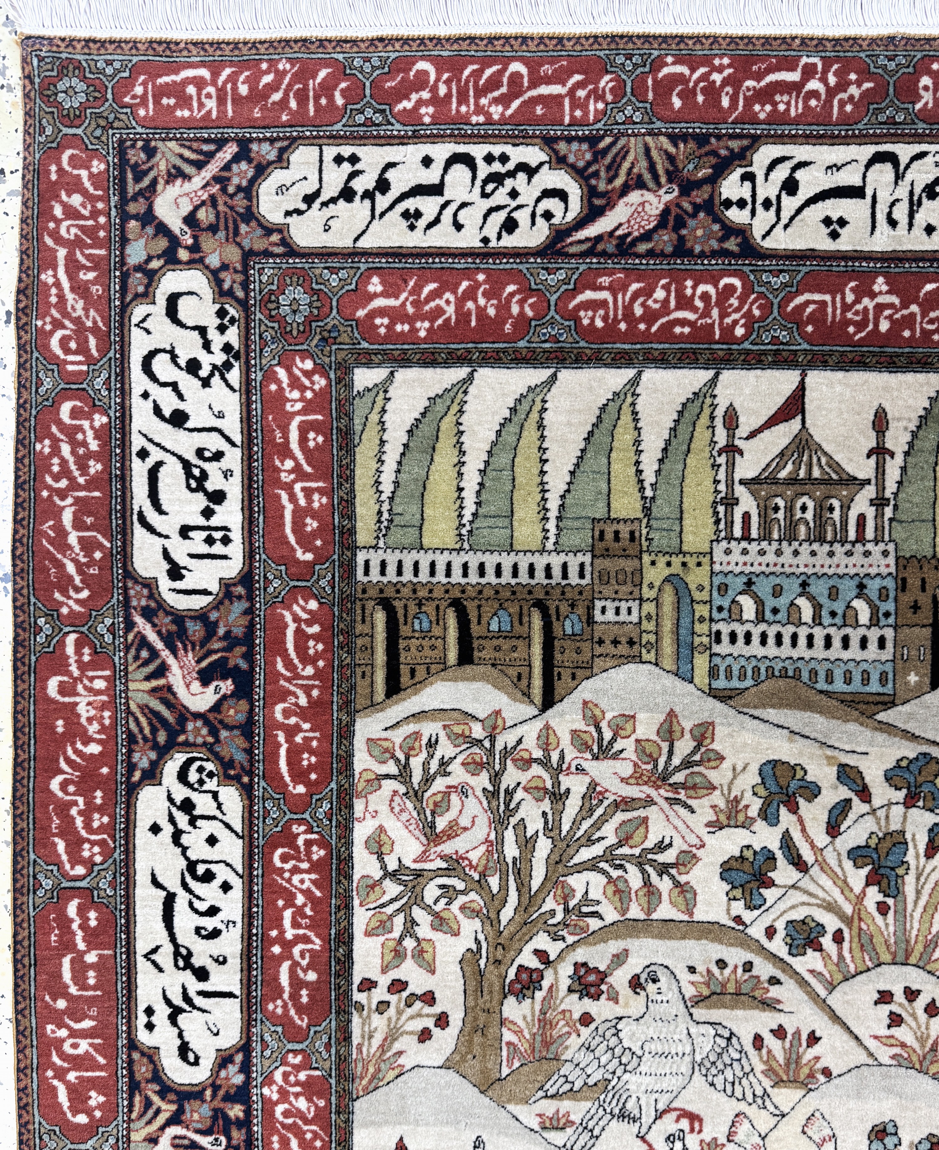 Detail e: Keschan"Mohtasham"fein antik, Persien(Bahram Gur Geschichte), 19.Jhd, Manchester-Korkwolle, ca. 220 x 135 cm, EHZ: 1-2(eine Seite Fransen ...