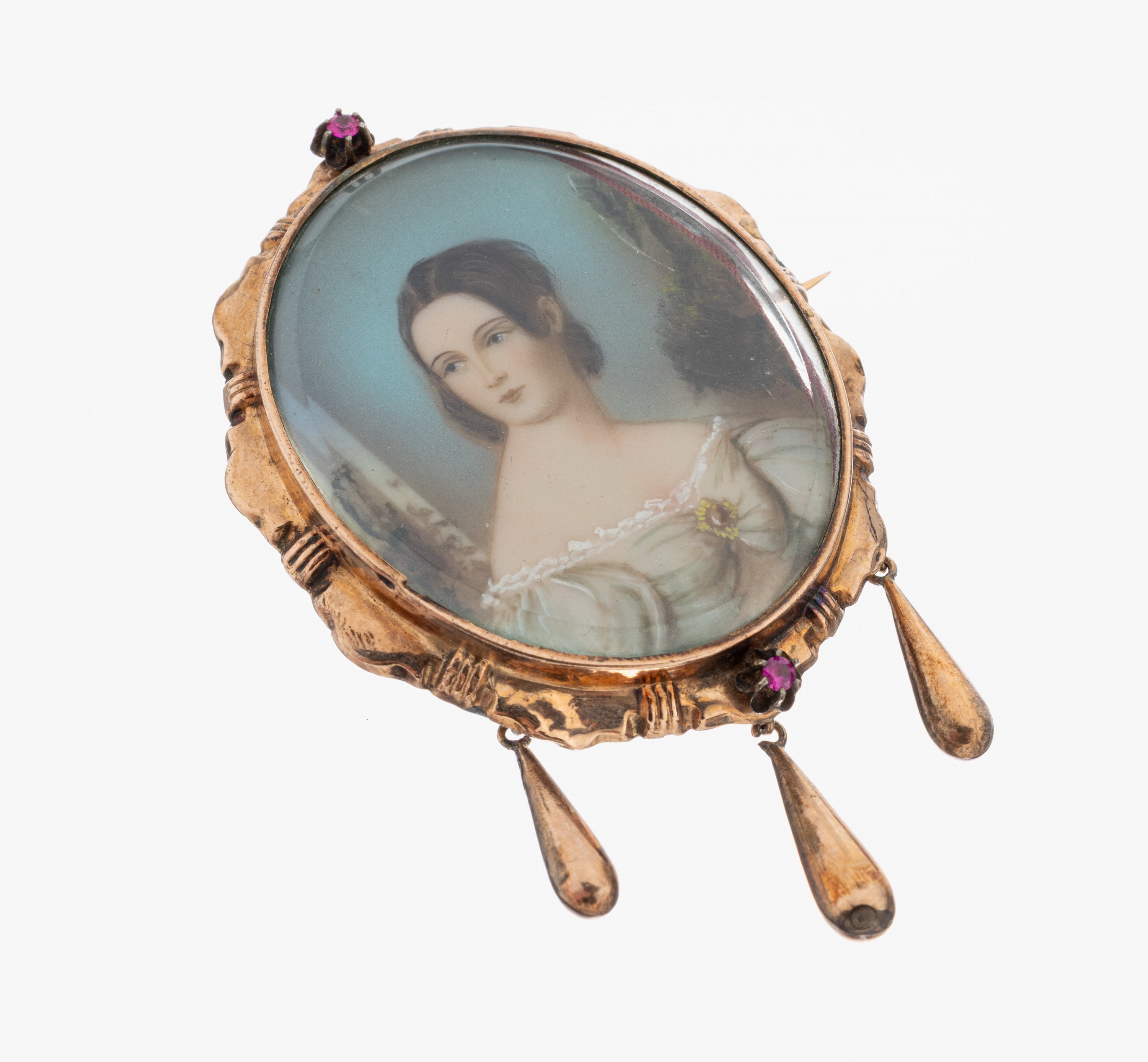 Image 27073070 - 8 kt Gold Brosche, um 1910-20, RG 333/000 gepr., mittig ovale Miniaturmalerei, ...