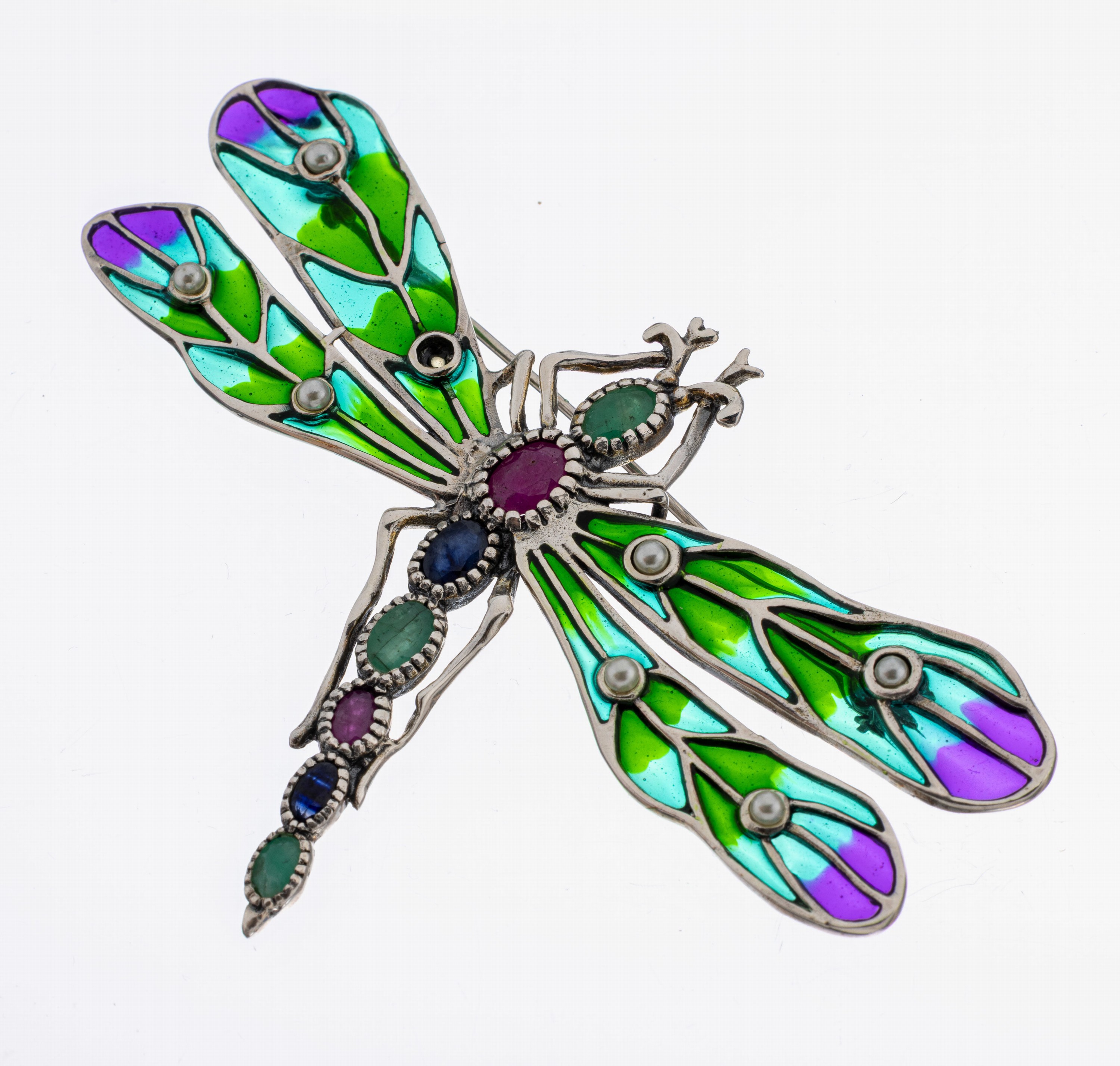 Image 27073073 - Email-Farbstein-Perl-Brosche, 925er Silber,Darstellung einer Libelle, Flügel mit ...