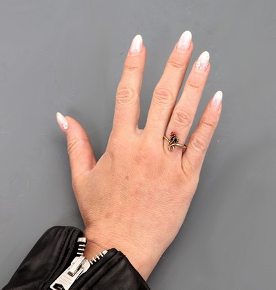 27073034f - 14 kt Gold Jugendstil Rubin-Saphir-Diamant -Ring, um 1900, GG 585/000, feine florale ...