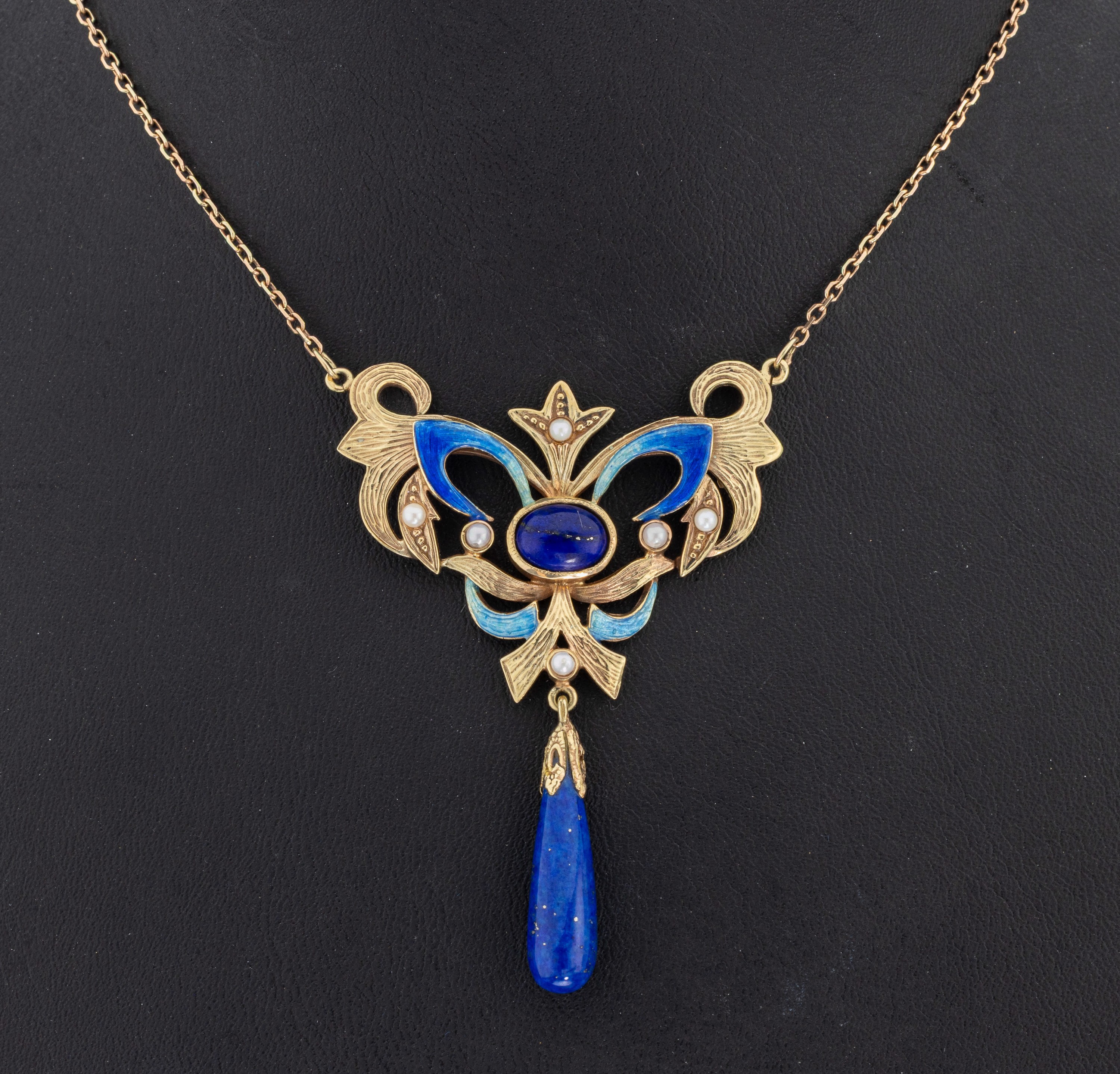 14 kt Gold Lapislazuli-Email-Perl-Collier, GG 585/000, Mittelteil mit ovalem Lapislazuli und bewegl. abgehangenem Lapislazuli, part. emailliert, ...