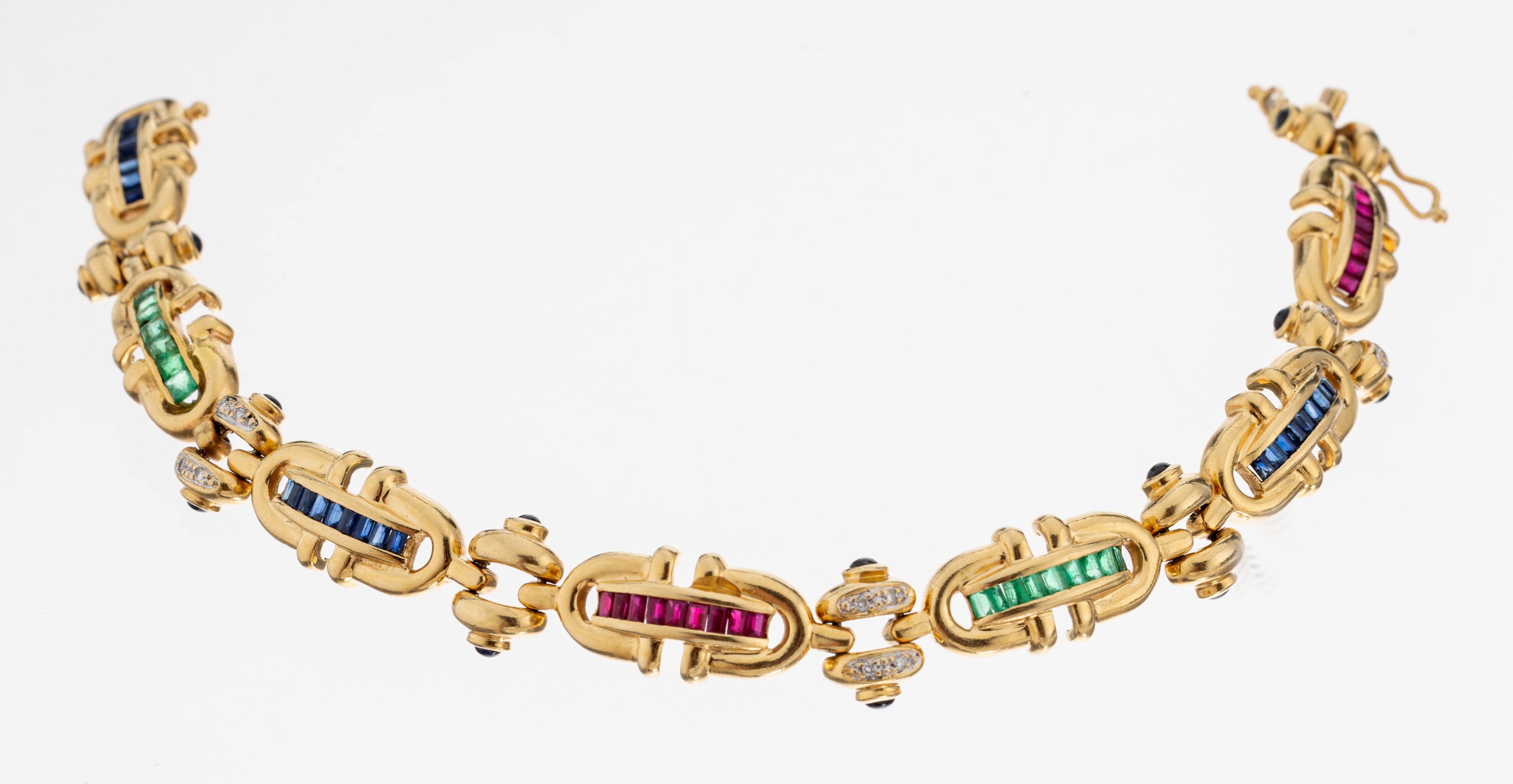 Detail a: 14 kt Gold Saphir-Smaragd-Rubin-Brillant- Armband, GG 585/000, 27 Saphirbaguettes und 14 runde Saphircabochons zus. ca. 0.62 ct,16 Smaragdbaguettes ...