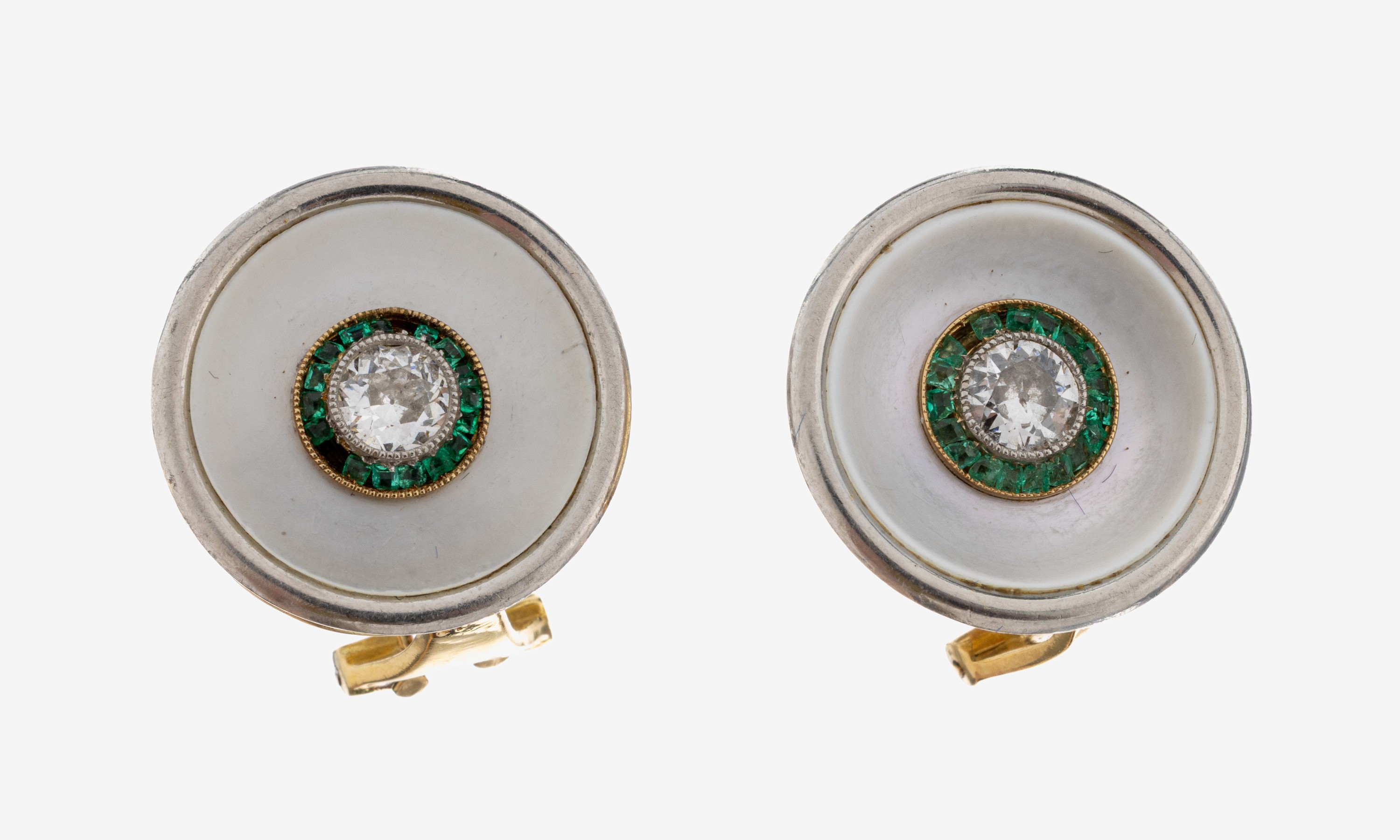 Image 27073158 - Paar 14 kt Gold Diamant-Smaragd-Perlmutt- Ohrstecker, GG/WG 585/000 gepr., rund, 2 ...