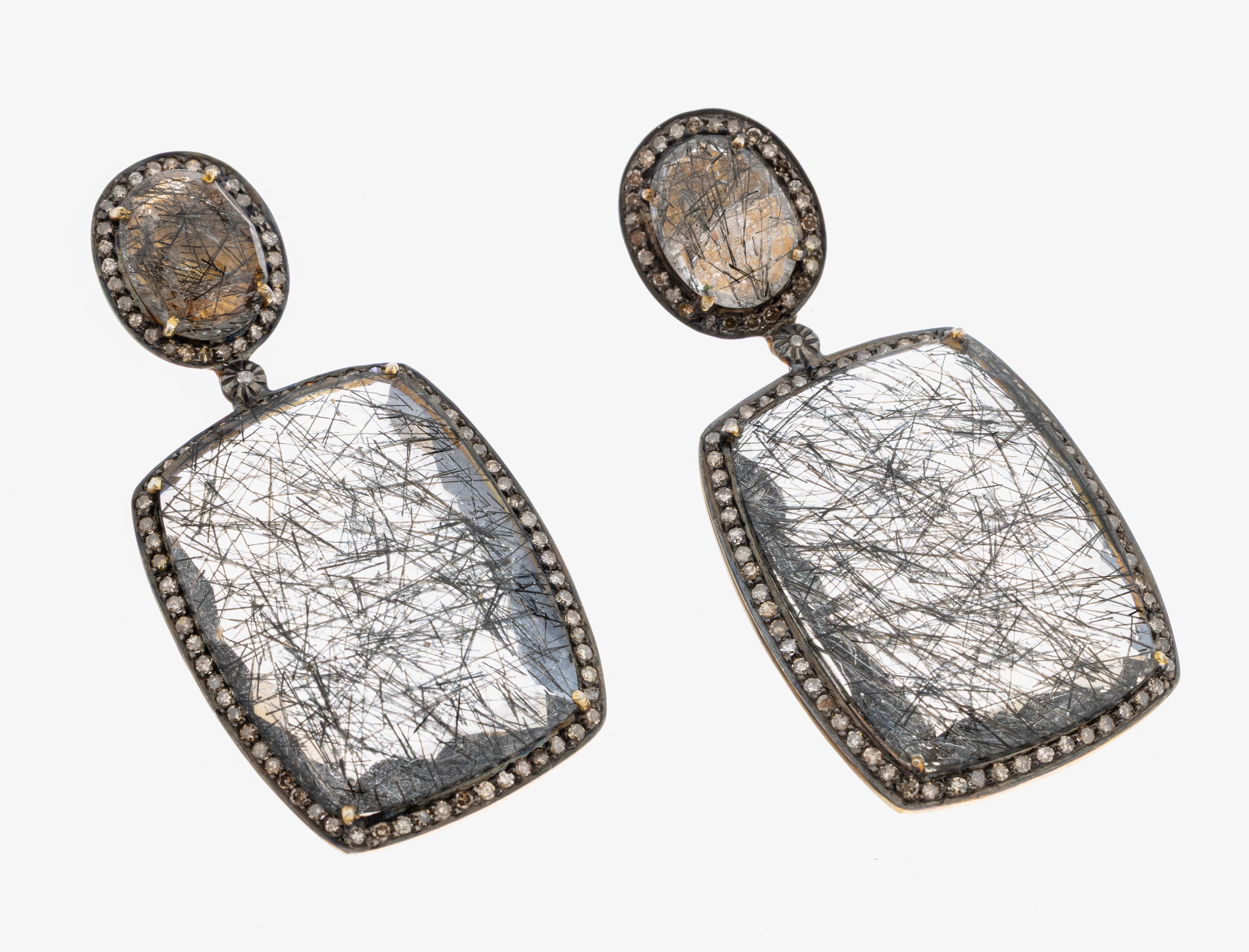 Image 27073165 - Paar Rutilquarz-Diamant-Ohrstecker, 925er Silber teilvergoldet, 2 ovalfacett. ...