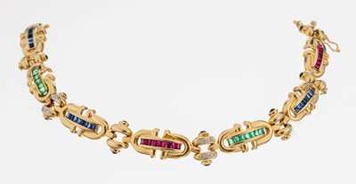 27073136a - 14 kt Gold Saphir-Smaragd-Rubin-Brillant- Armband, GG 585/000, 27 Saphirbaguettes und ...
