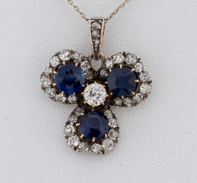 27073147a - 14 kt Gold und Silber Saphir-Diamant-Anhänger,um 1890, GG 585/000 gepr. und Silber ...