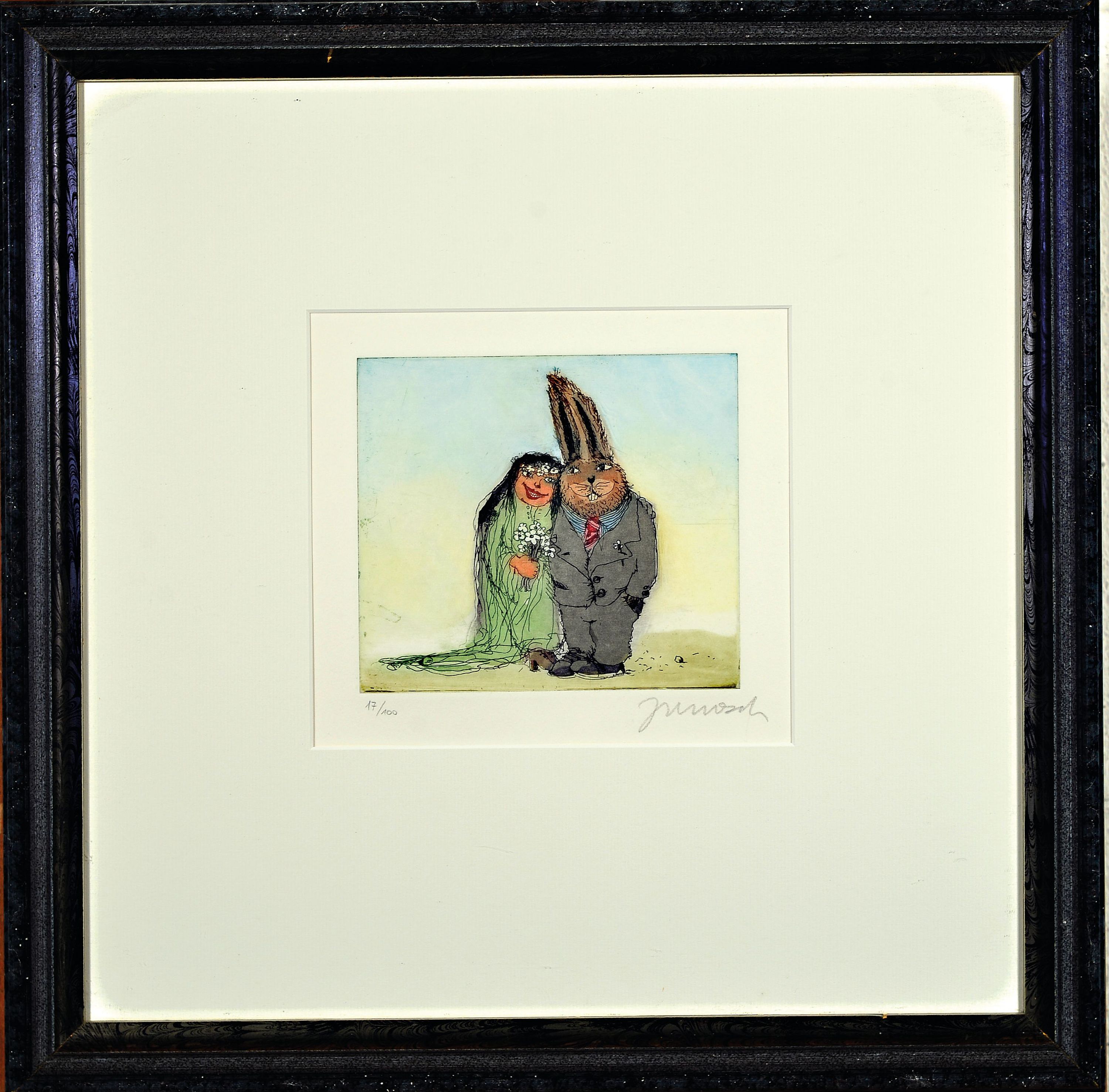 Detail k: Horst Eckert Janosch, geb. 1931 Hindenburg, Farbradierung, Ed. 17/100, rechts unten handsigniert, Hasenhochzeitspaar, Platte 13 ,5x16 cm unter Glas ...