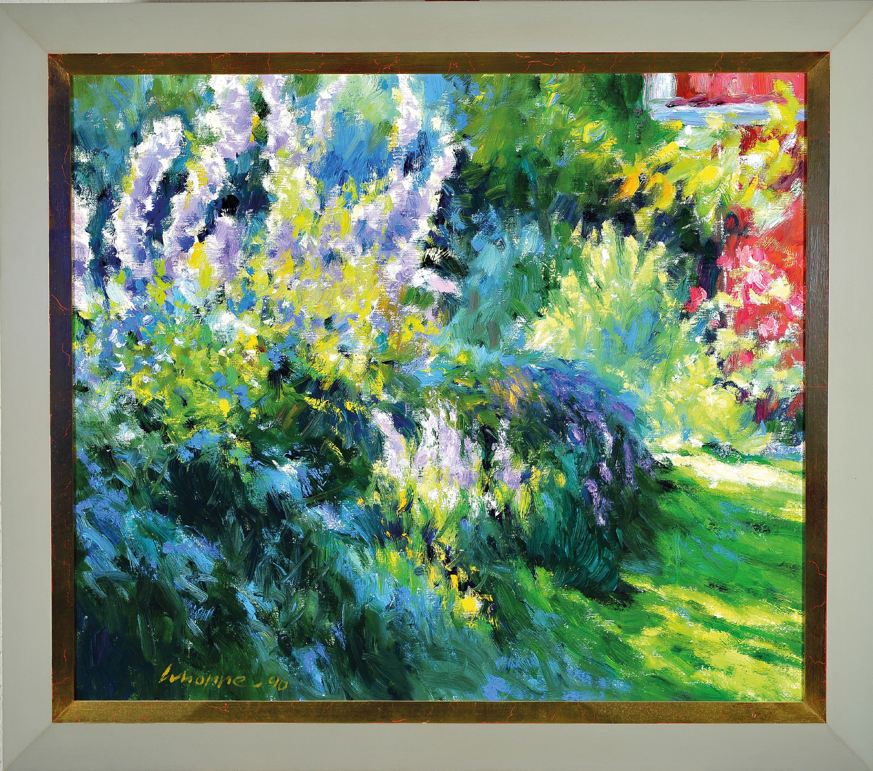 Detail k: Klaus Schoppe, 1939 Bremen-2023 Worpswede, "Rittersporn", neoimpressionistische Komposition in Anlehnung an Curt Herrmann, Öl/Holz, ...