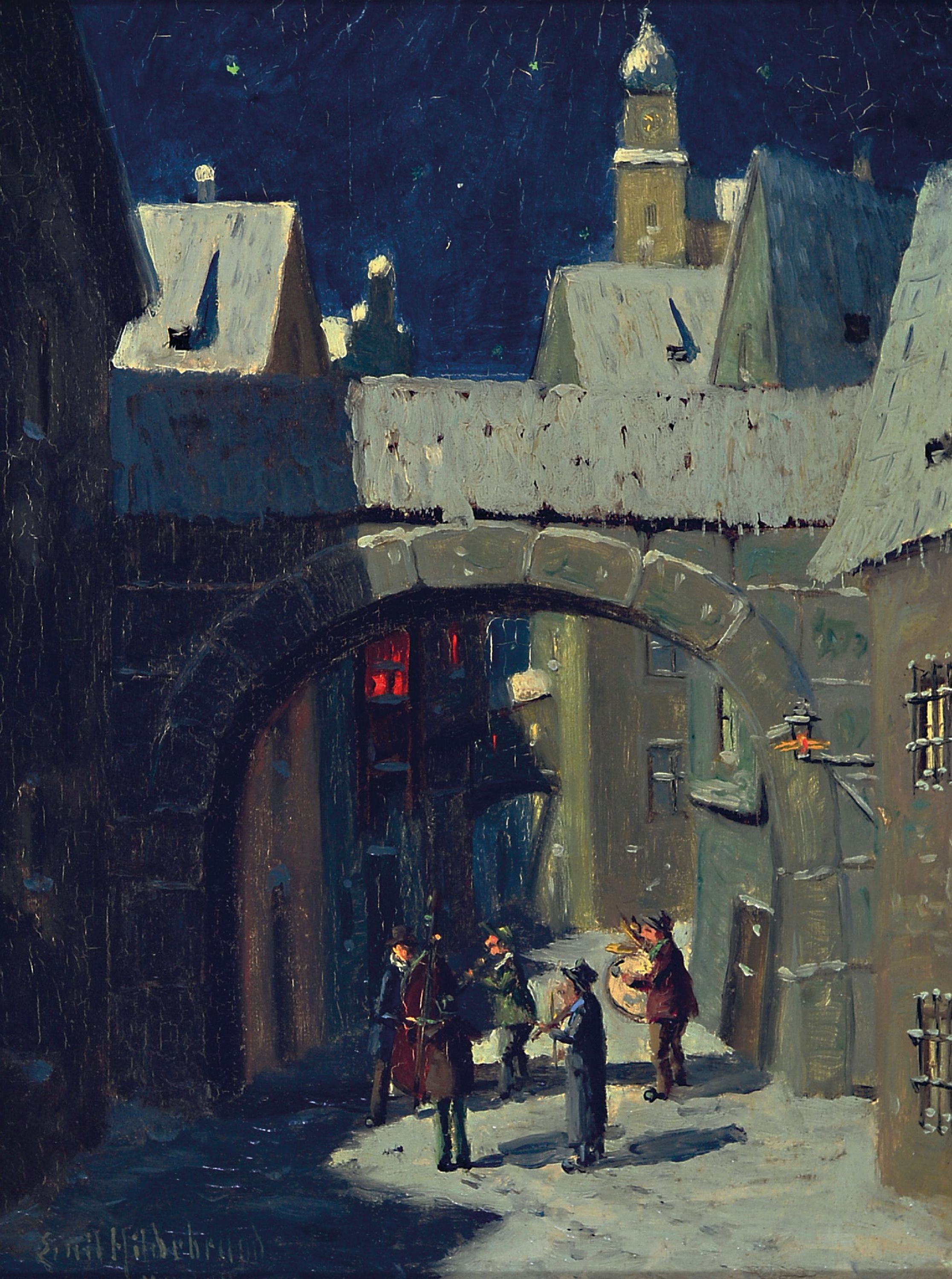 Image 27073723 - Emil Hildebrand, Munich artist, around 1900/30, nighttime city interior with musicians, ...