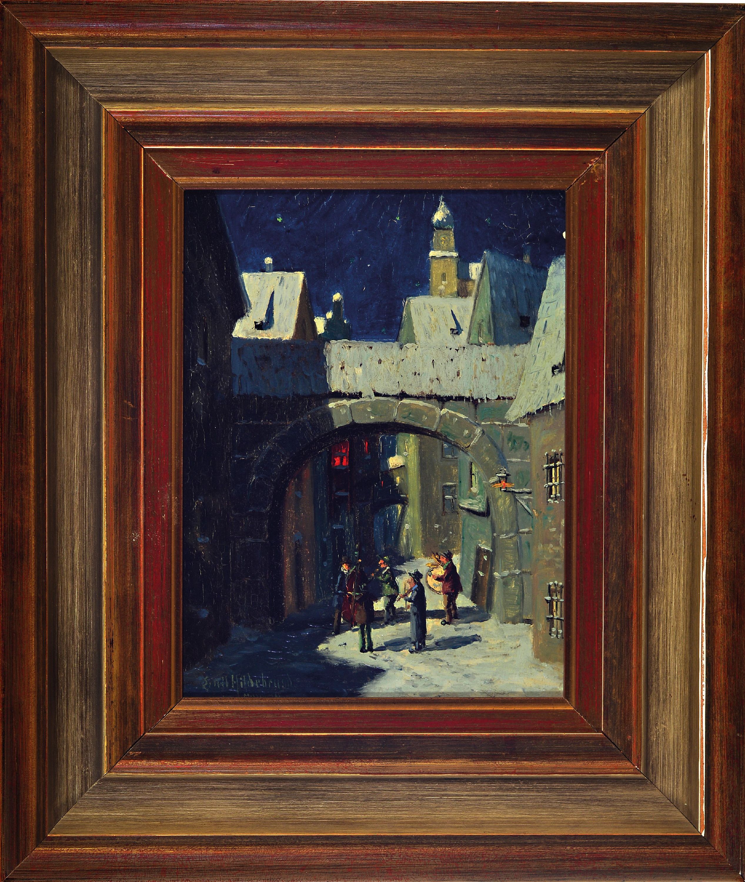 Detail k: Emil Hildebrand, Münchner Künstler, um 1900/30, nächtliches Stadt Interieur mit Musikanten, karikierende Darstellung in Orientierung an Carl ...