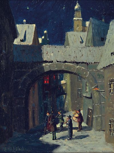 Image Emil Hildebrand, Münchner Künstler, um 1900/30, nächtliches Stadt Interieur mit ...