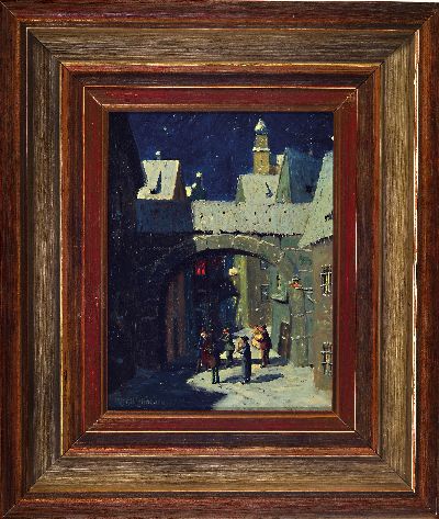 27073723k - Emil Hildebrand, Munich artist, around 1900/30, nighttime city interior with musicians, ...