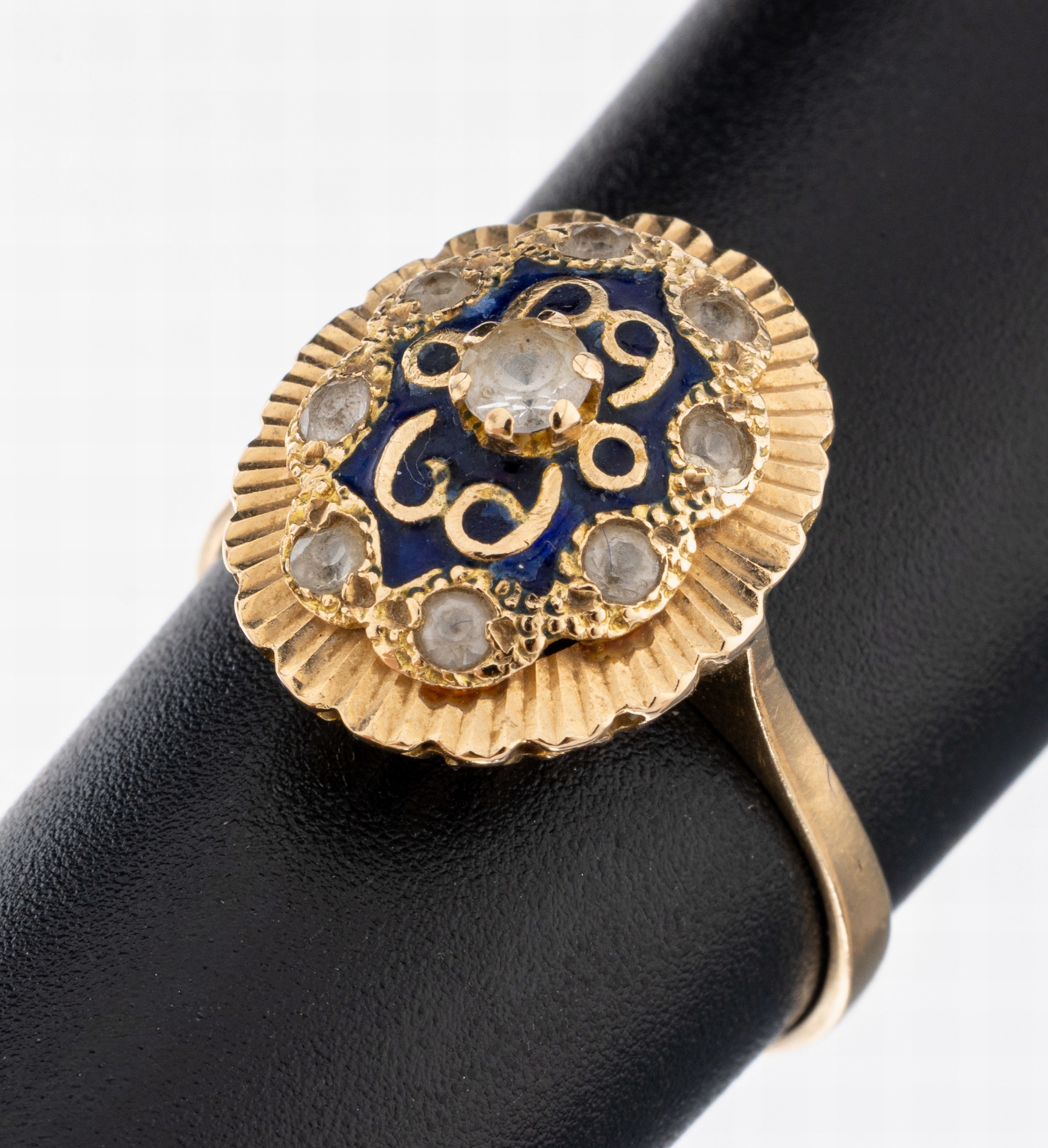 Image 27073959 - 14 kt Gold Email-Diamant-Ring, GG 585/000, Rillendekor, blau emailliert, kl. ...