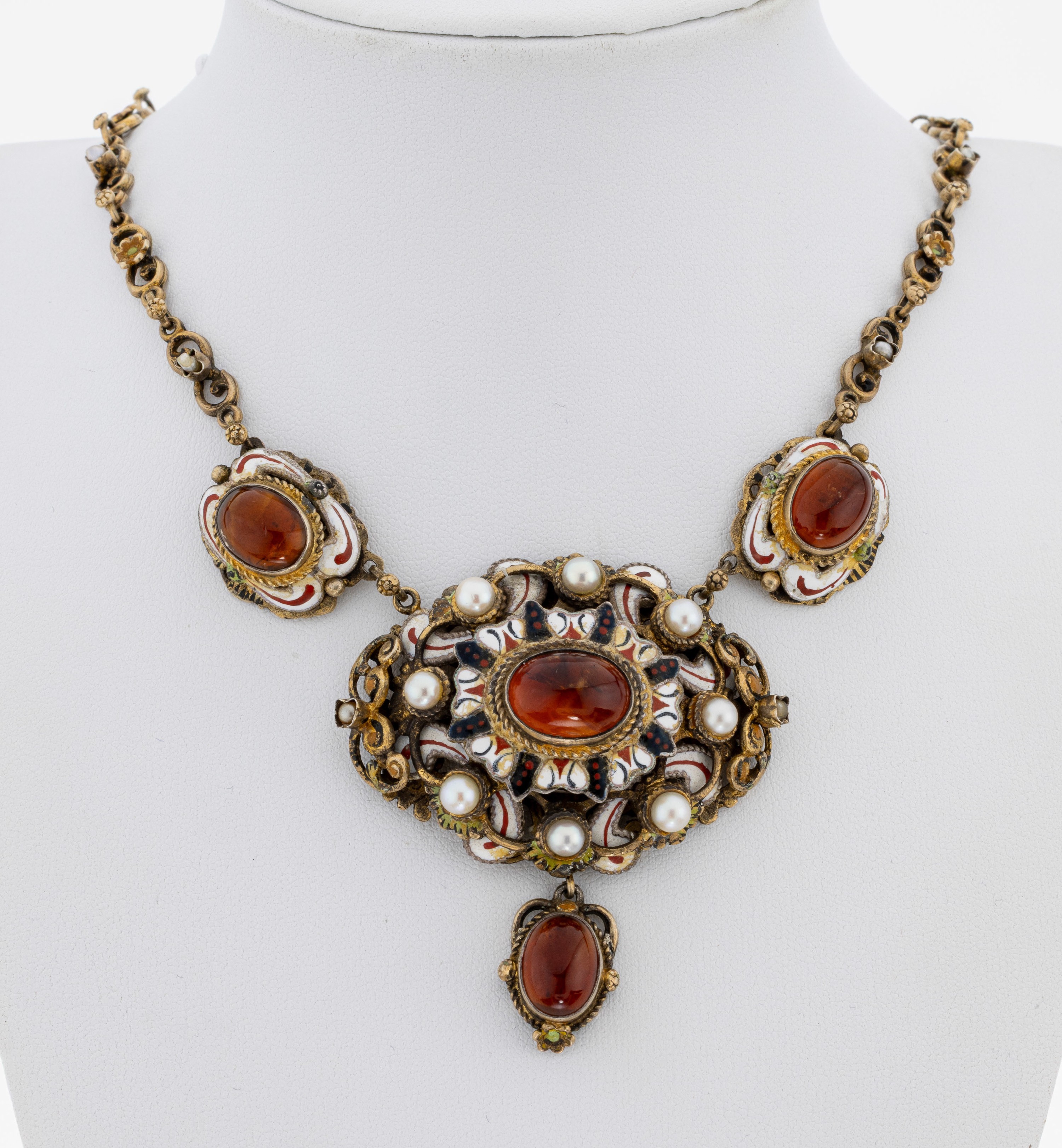 Image 27073965 - Historismus Bernstein-Email-Perl-Collier, um 1850-60, 925er Silber, mehrstufiger ...