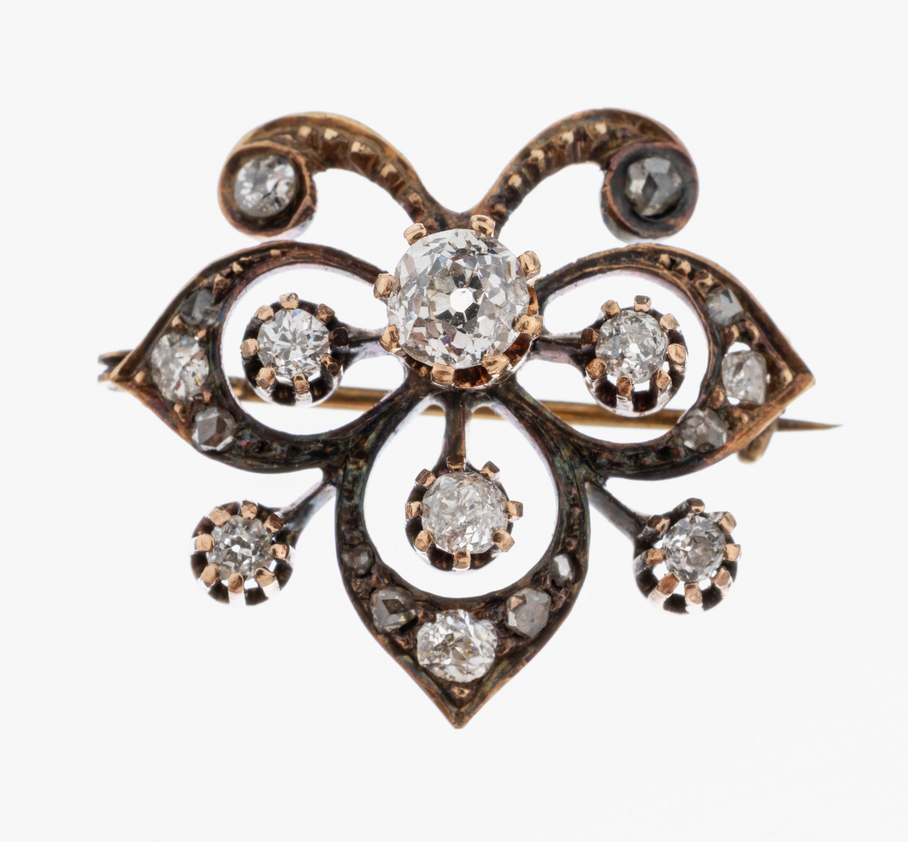 Image 27073972 - 18 kt Gold Diamant-Brosche, um 1890, RG 750/000, Darstellung einer stil. Lilie, 19 ...