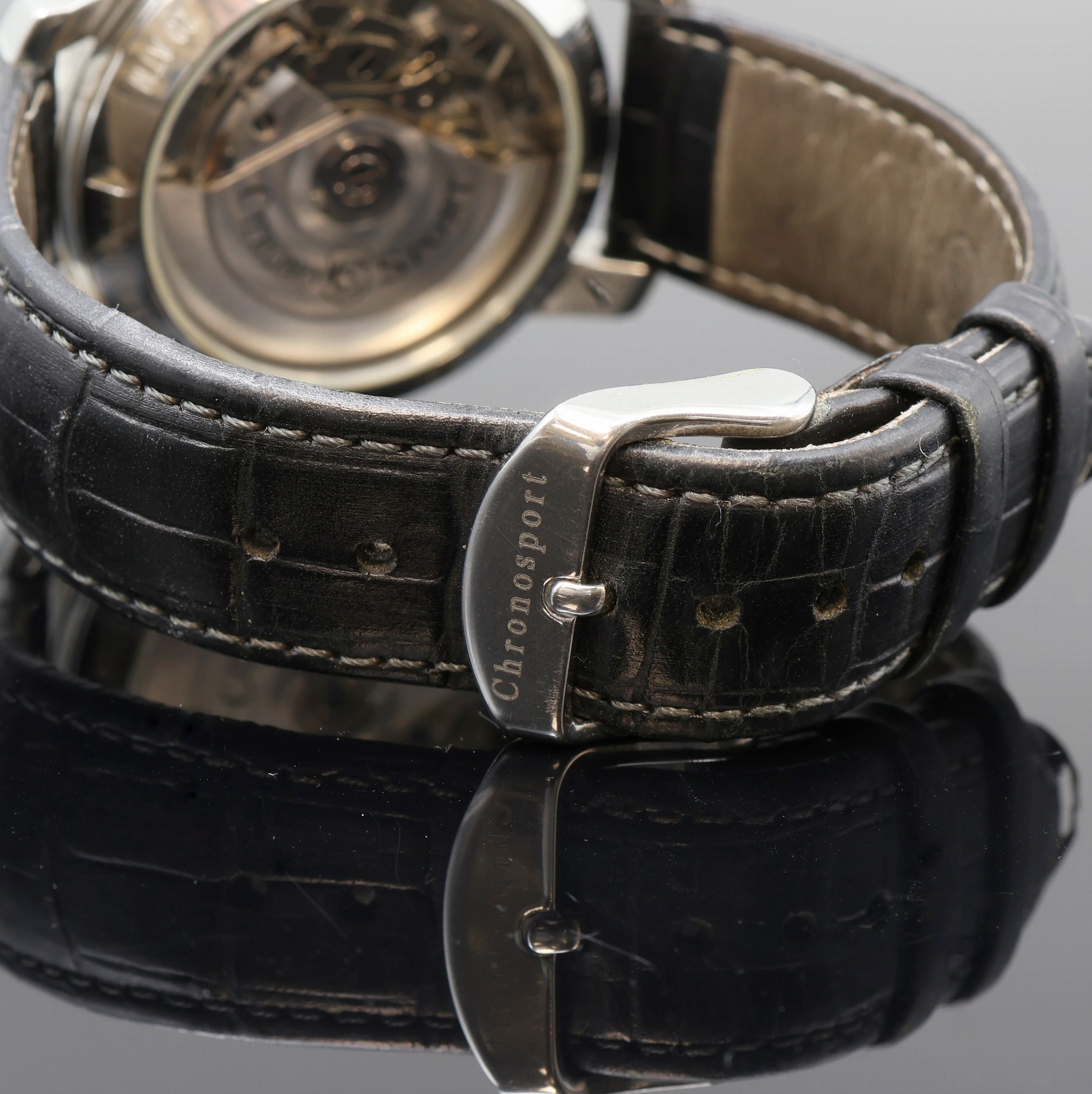 Detail c: CHRONOSPORT Herrenchronograph in Stahl, Schweiz um 2000, Automatik, beids. vergl. Geh., Boden u. Krone verschr., schwarze Drehlunette m. 60er-Tlg., ...