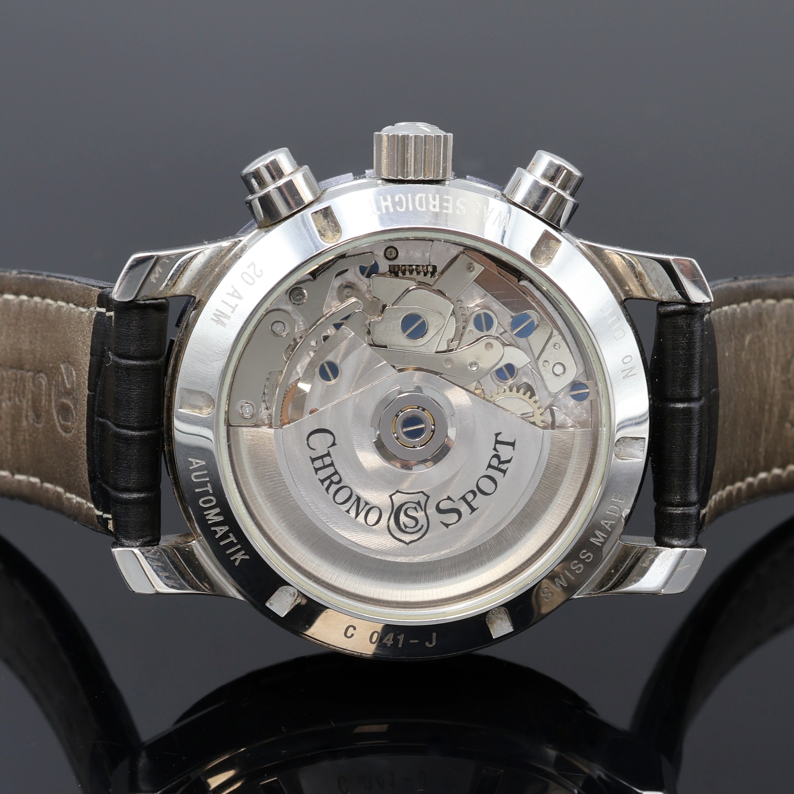 Detail d: CHRONOSPORT Herrenchronograph in Stahl, Schweiz um 2000, Automatik, beids. vergl. Geh., Boden u. Krone verschr., schwarze Drehlunette m. 60er-Tlg., ...