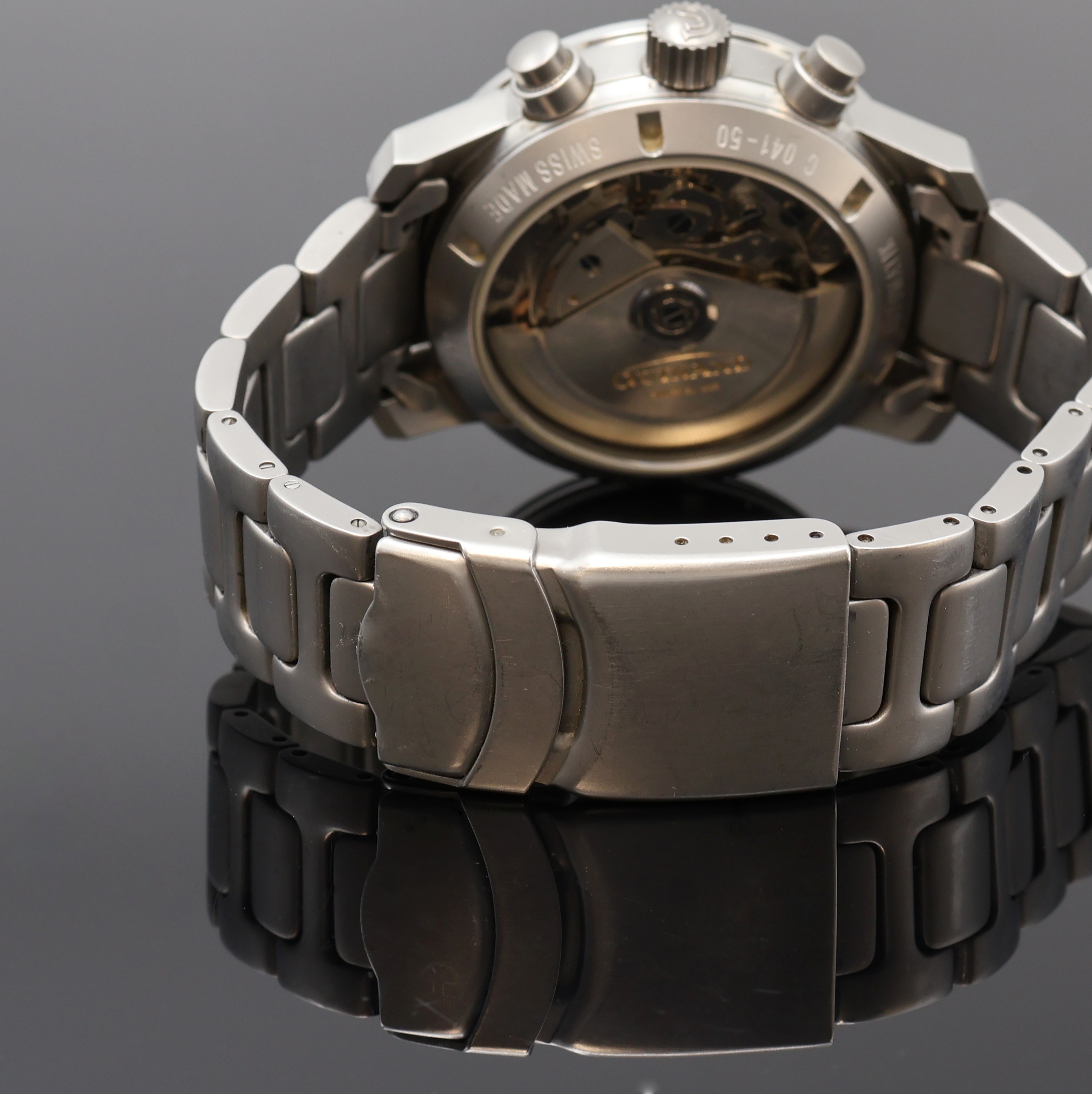 Detail c: GUINAND Armbandchronograph in Stahl/Stahlband, Schweiz um 1995, Automatik, beids. vergl. Geh., Boden u. Krone verschr., drehb. Tachymeter-Lünette, ...