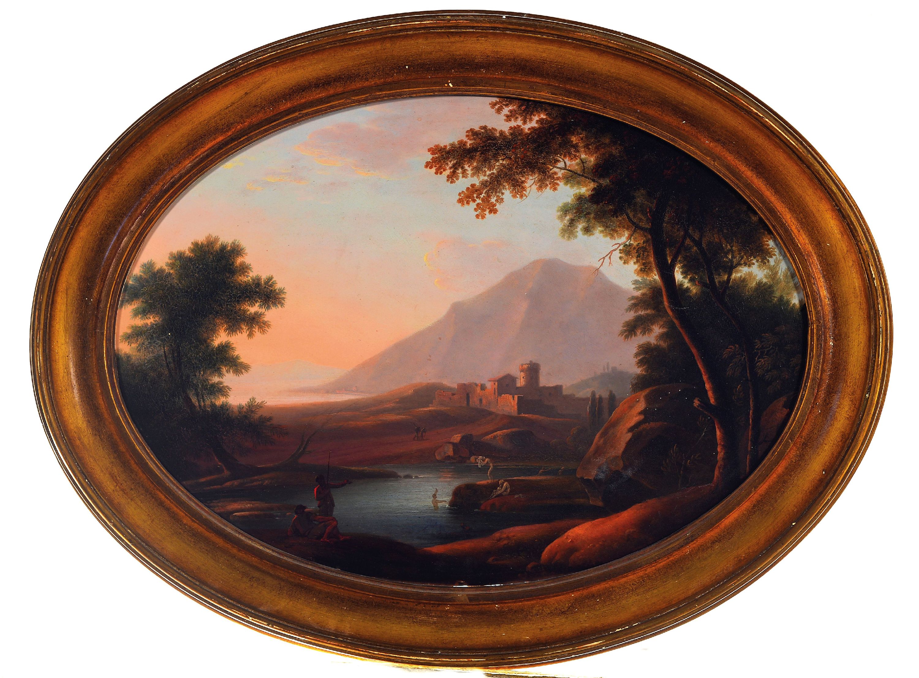 Detail k: Unbekannter Traditionalist des 19.Jh., pastorale Landschaft, Flusslauf mit Figurenstaffage vor Burganlage, unsigniert, Öl/Holz, im Oval, 32x46 cm, ...