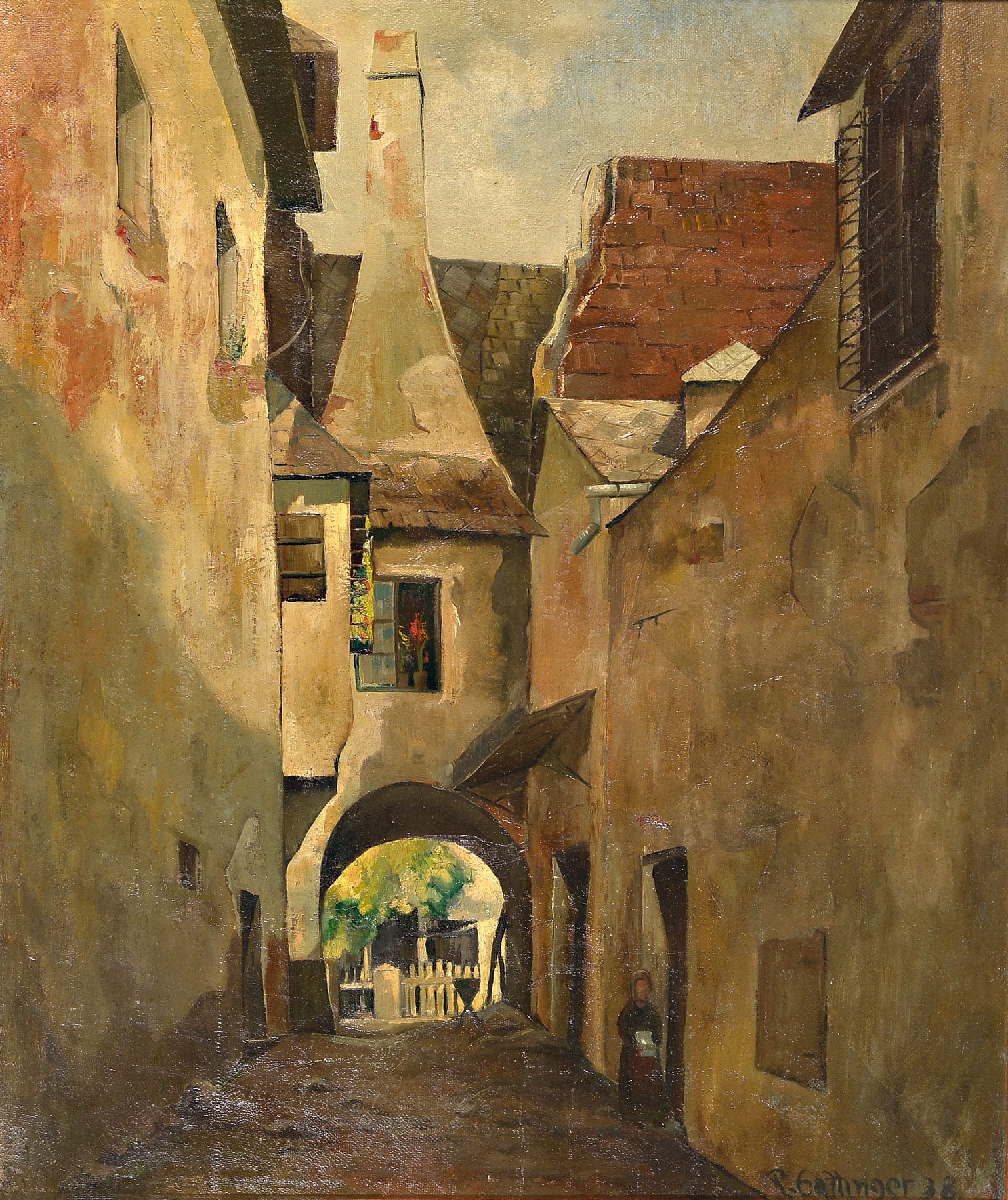 Detail k: Robert Gattinger, 1902 Stainach-1980 Pöls, Österreich, Gasse wohl in der Obersteiermark, Öl/Lwd., alte Häuserzeile mit Türmen und Durchblick auf ...