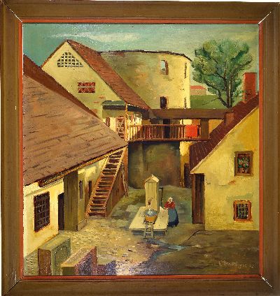 27075279k - Robert Gattinger, 1902 Stainach-1980 Pöls, Österreich, Blick in ein Gehöft, wohl in ...