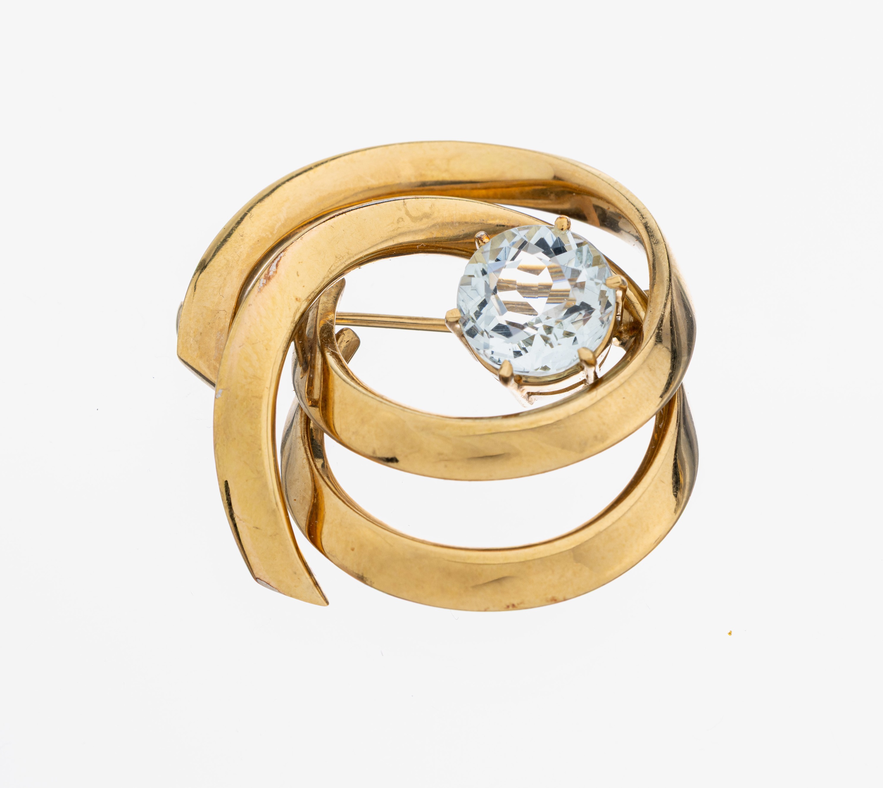 Image 27076054 - 14 kt Gold Aquamarin-Brosche, GG 585/0000, geschwungenes Design, rundfacett. Aquamarin ...