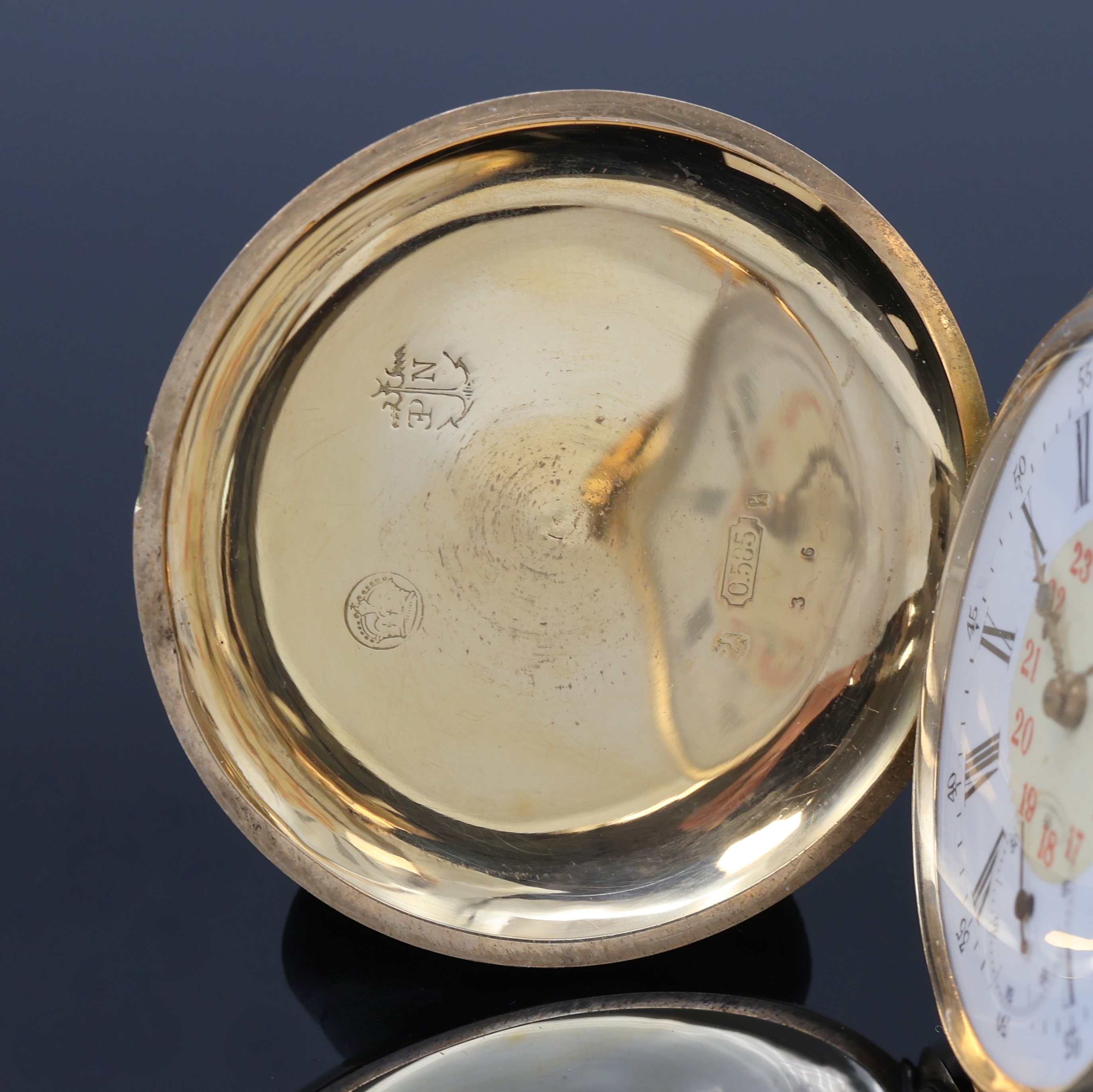 Detail d: SUCCESSEUR DE EDMOND POTONIE Savonette Herrentaschenuhr in RG 585/000, Deutschland/Schweiz um 1900, guill. 3-Deckel Goldgeh., Sprungdeckel m. freiem ...