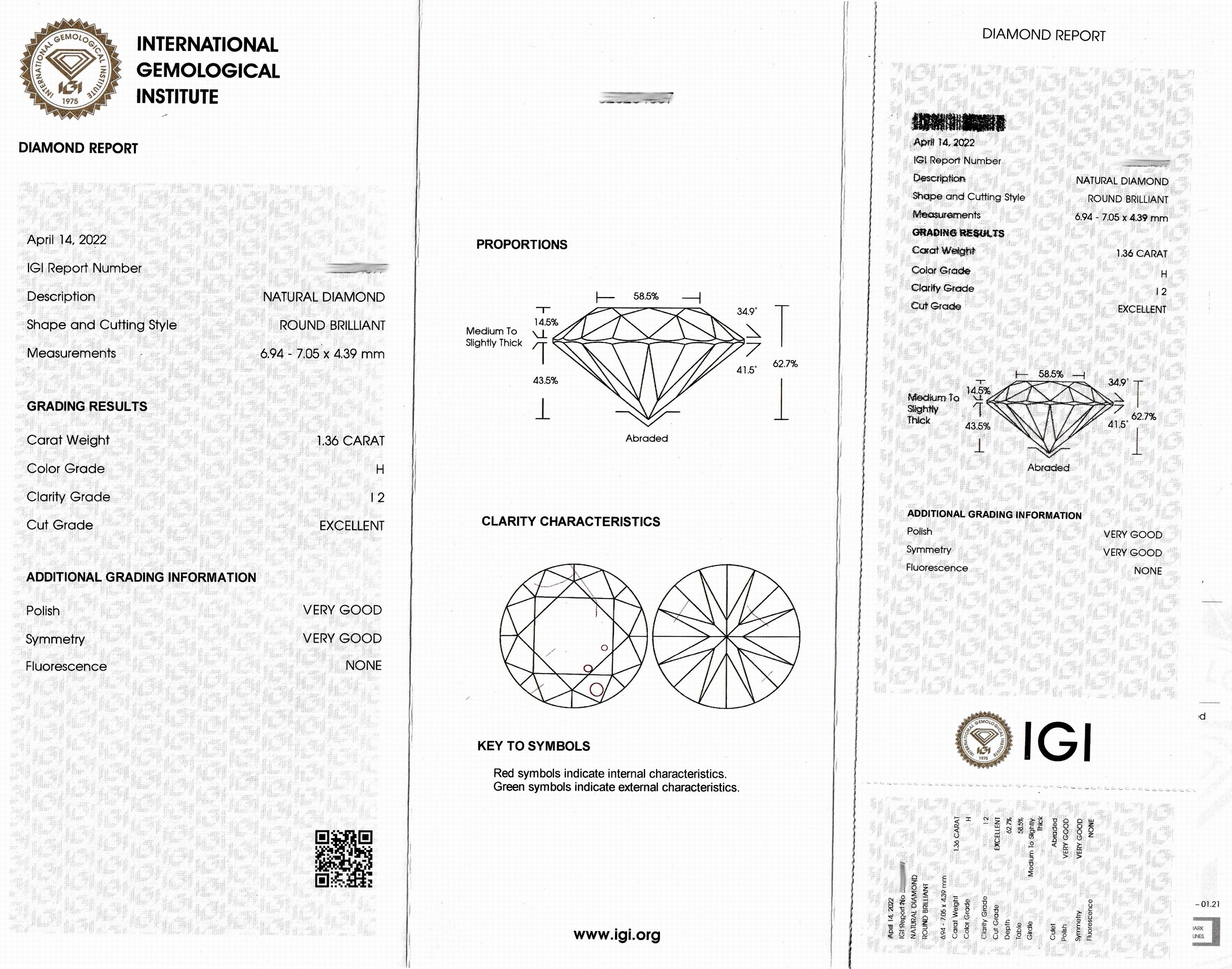Detail a: Loser Brillant 1.36 ct Weiß/p2, eingeschweißt, IGI-Report