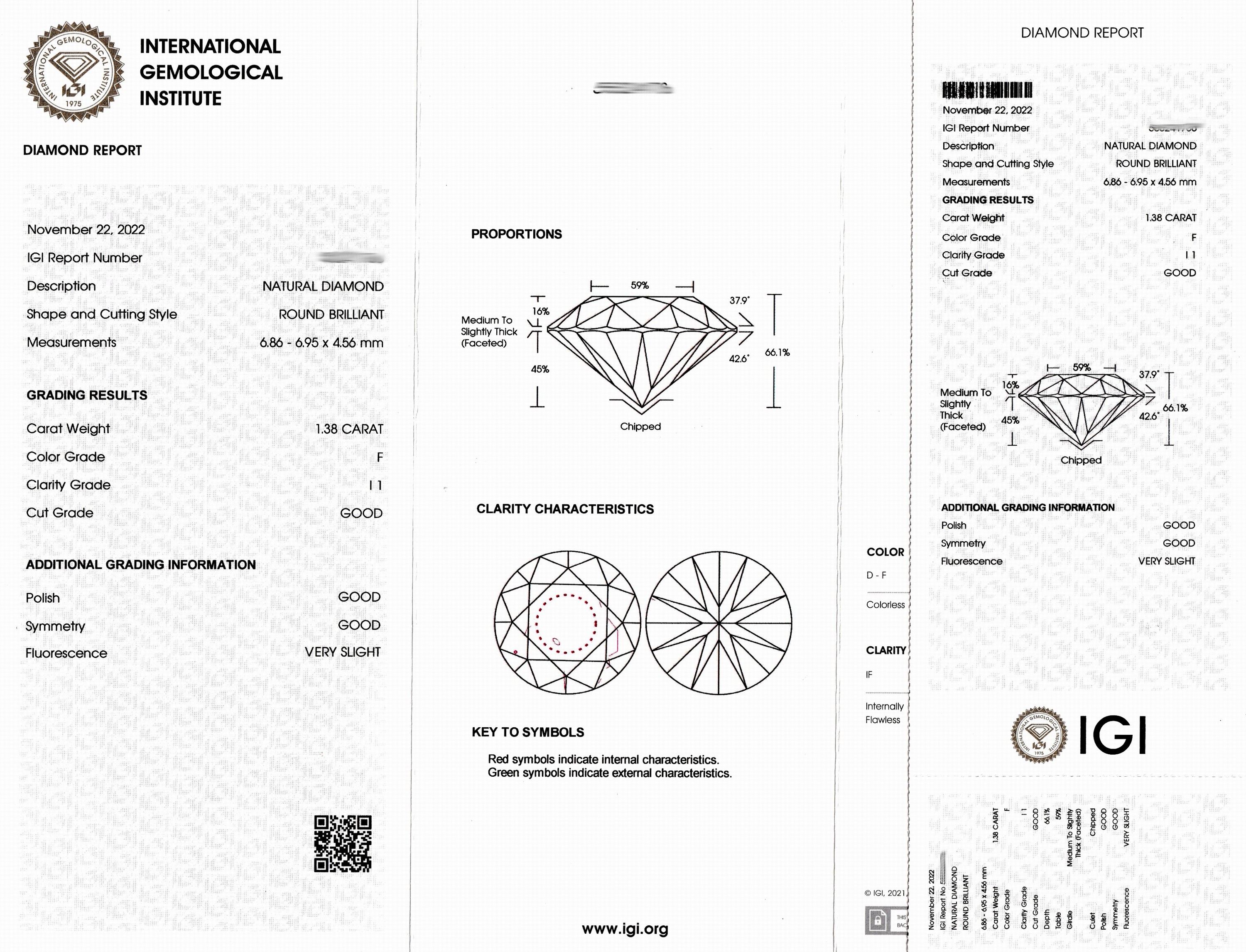 Detail a: Loser Brillant 1.38 ct feines Weiß(F)/p1, eingeschweißt, IGI-Report