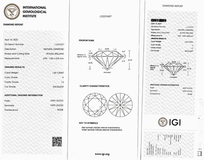 27076569a - Loose brilliant , 1.36 ct Wesselton/p2, sealed, IGI-Report