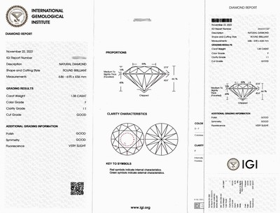 27076578a - Loser Brillant 1.38 ct feines Weiß(F)/p1, eingeschweißt, IGI-Report