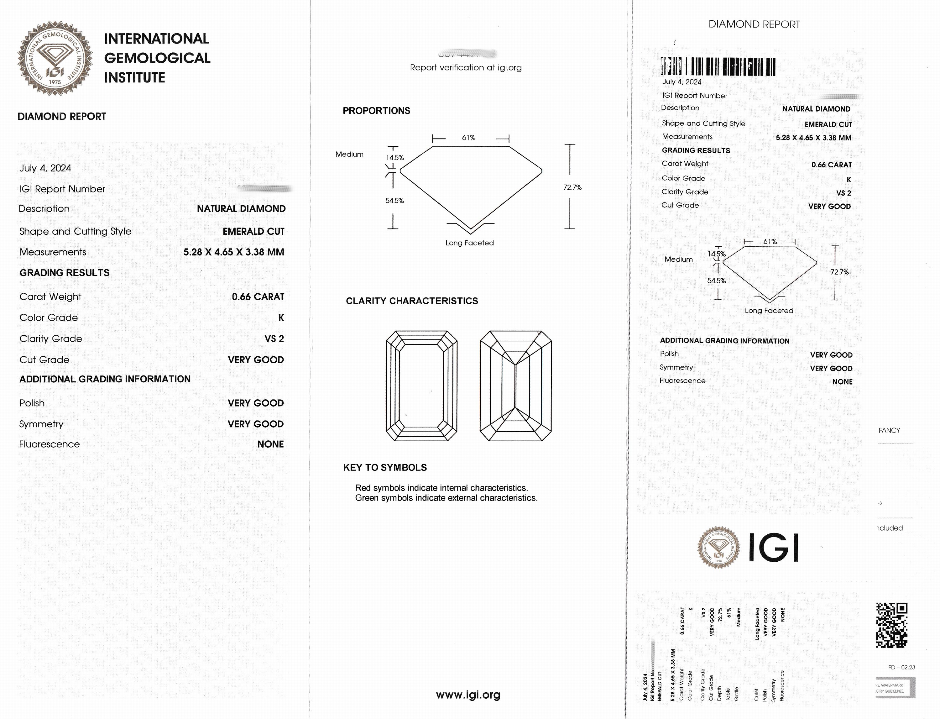 Detail a: Loser Diamant im Emerald Cut ca. 0.66 ct, get.Weiß(K)/vs2, eingeschweißt, IGI-Report