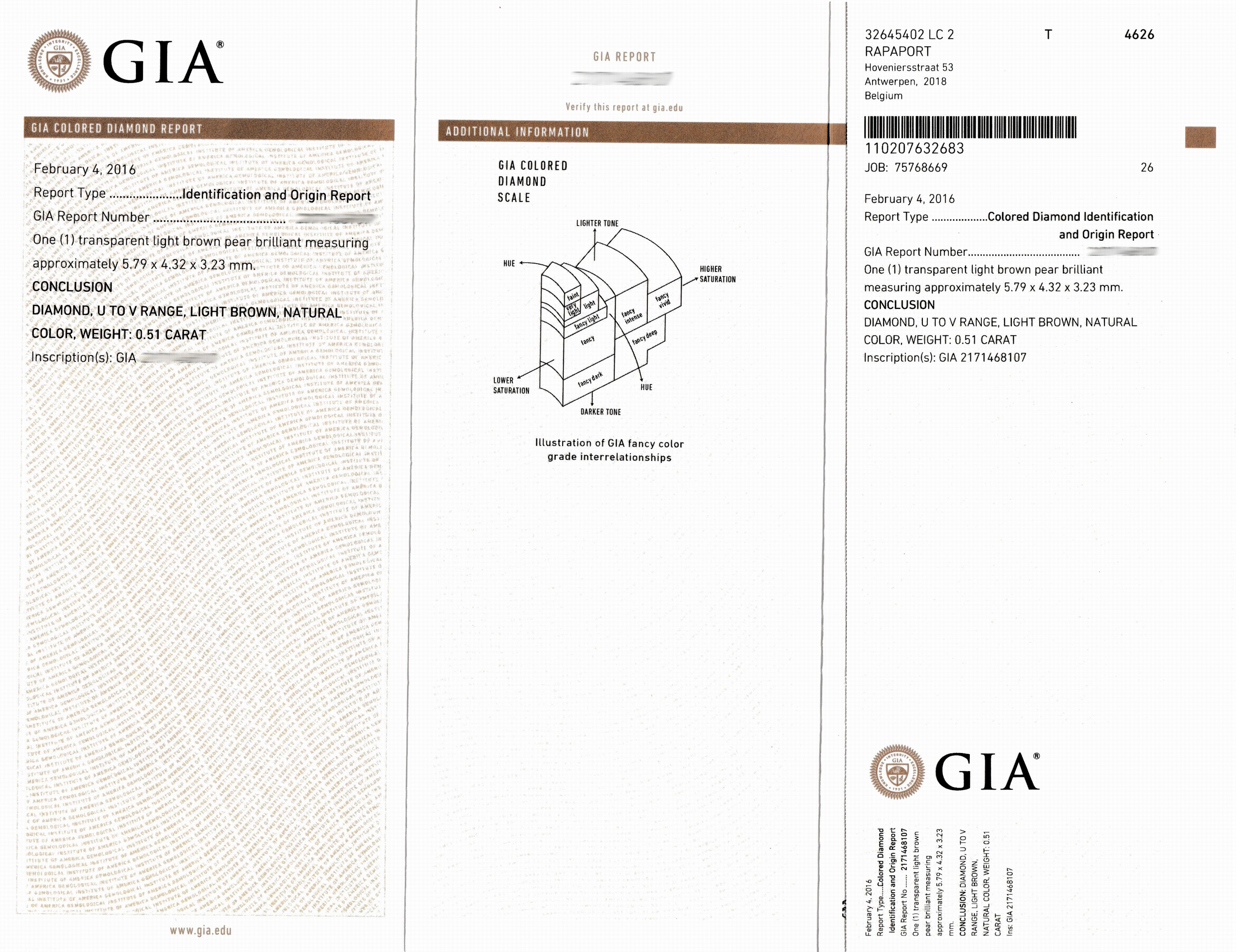Detail c: Loser Diamant Tropfen ca. 0.51 ct Getönt (U-V)natural light brown, GIA Report 02/2016