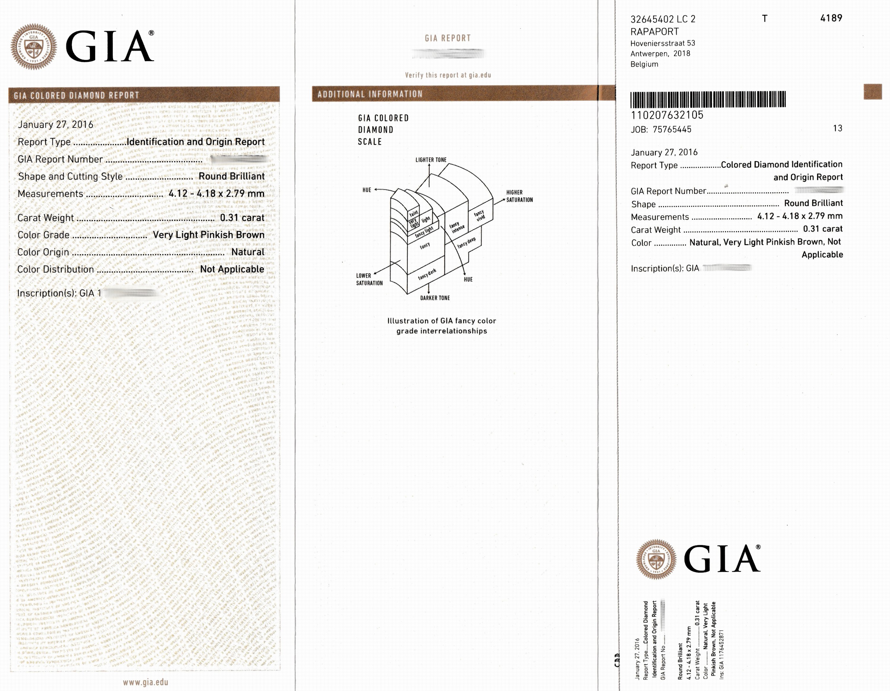 Detail c: Loser Brillant ca. 0.31 ct natural very light pinkish brown, GIA-Report
