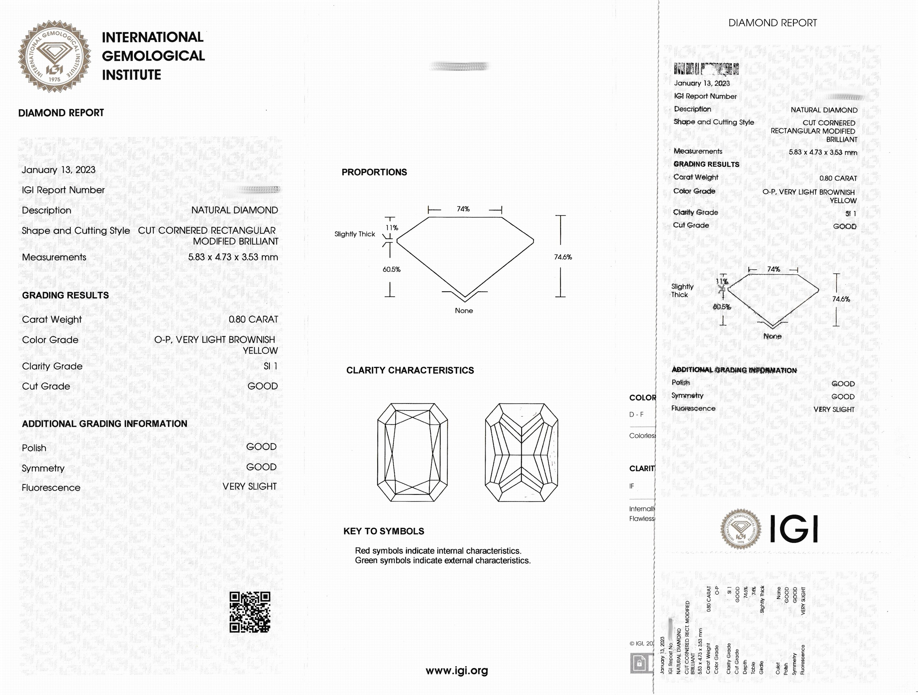 Detail a: Loser Diamant im Rechteckschliff ca. 0.80 ct Getönt(O-P) very light brownish/si 1, ca. 5.83x 4.73 x 3.53 mm, eingeschweißt, IGI-Report