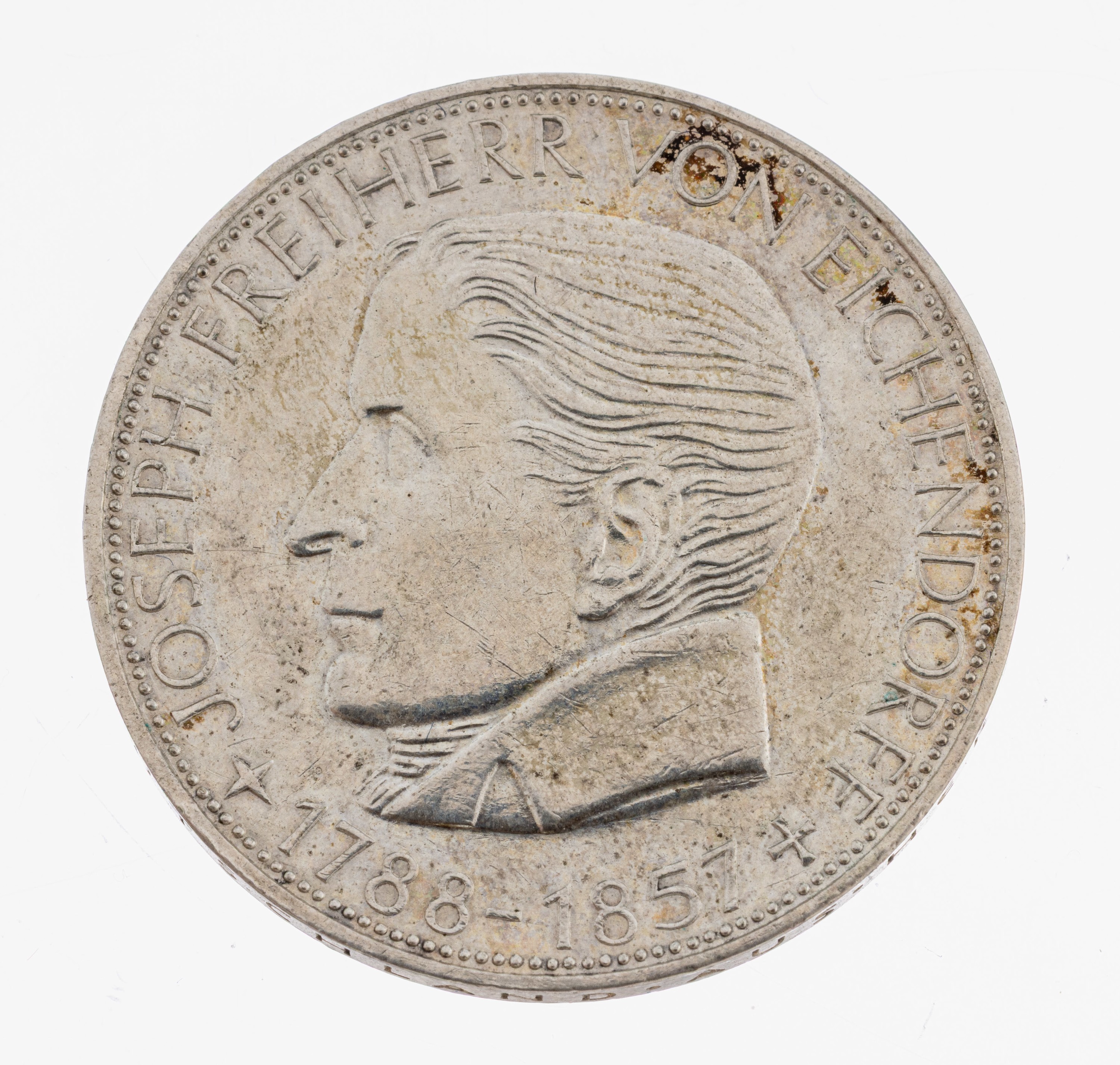 Image 27076662 - Silbermünze, 5 Mark, Deutschland 1957, Freiherr Joseph von Eichendorff, Prägemarke J