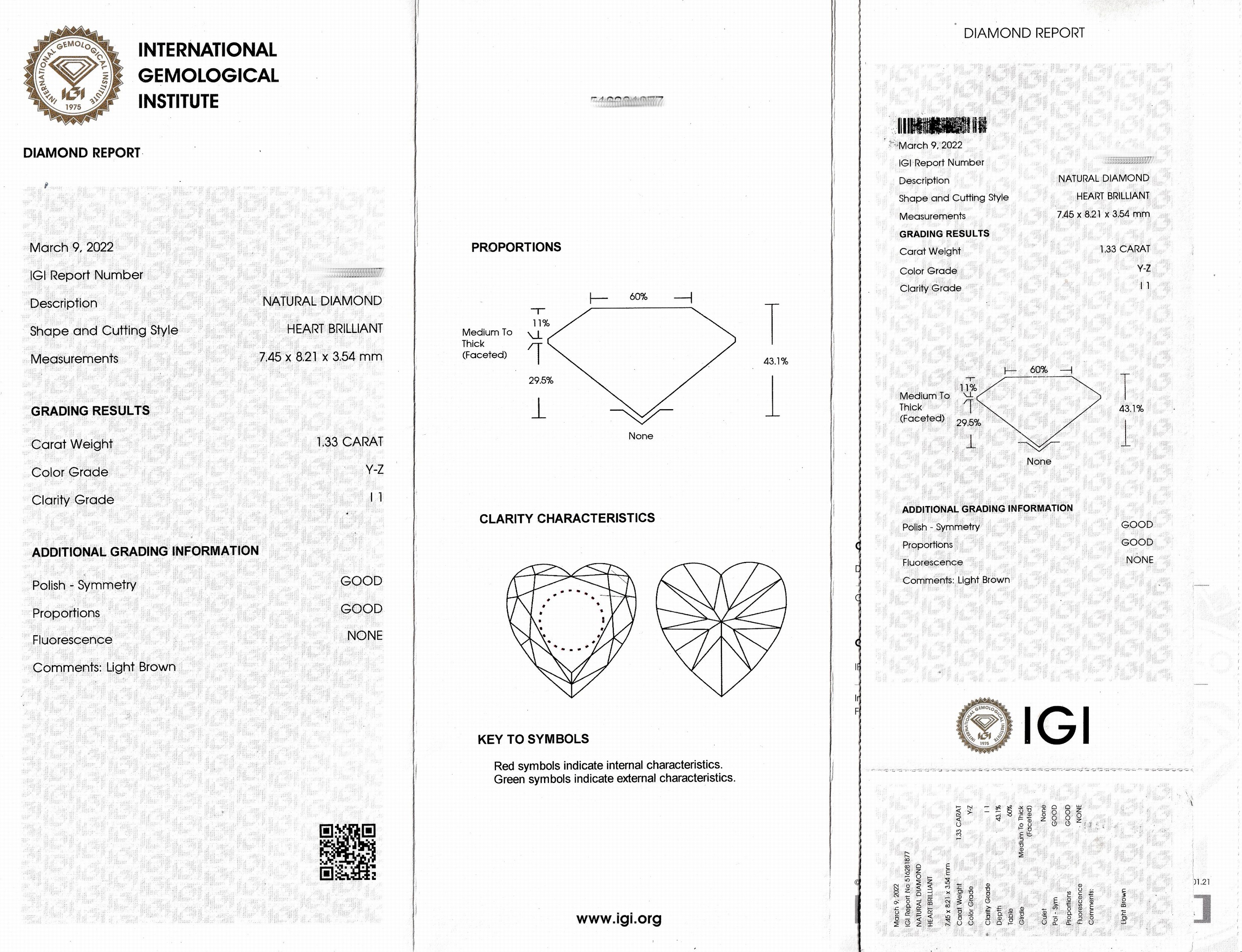 Detail a: Loser Diamant, ca. 1.33 ct Getönt(Y-Z)/p1, facett. Herz, eingeschweißt, IGI-Report