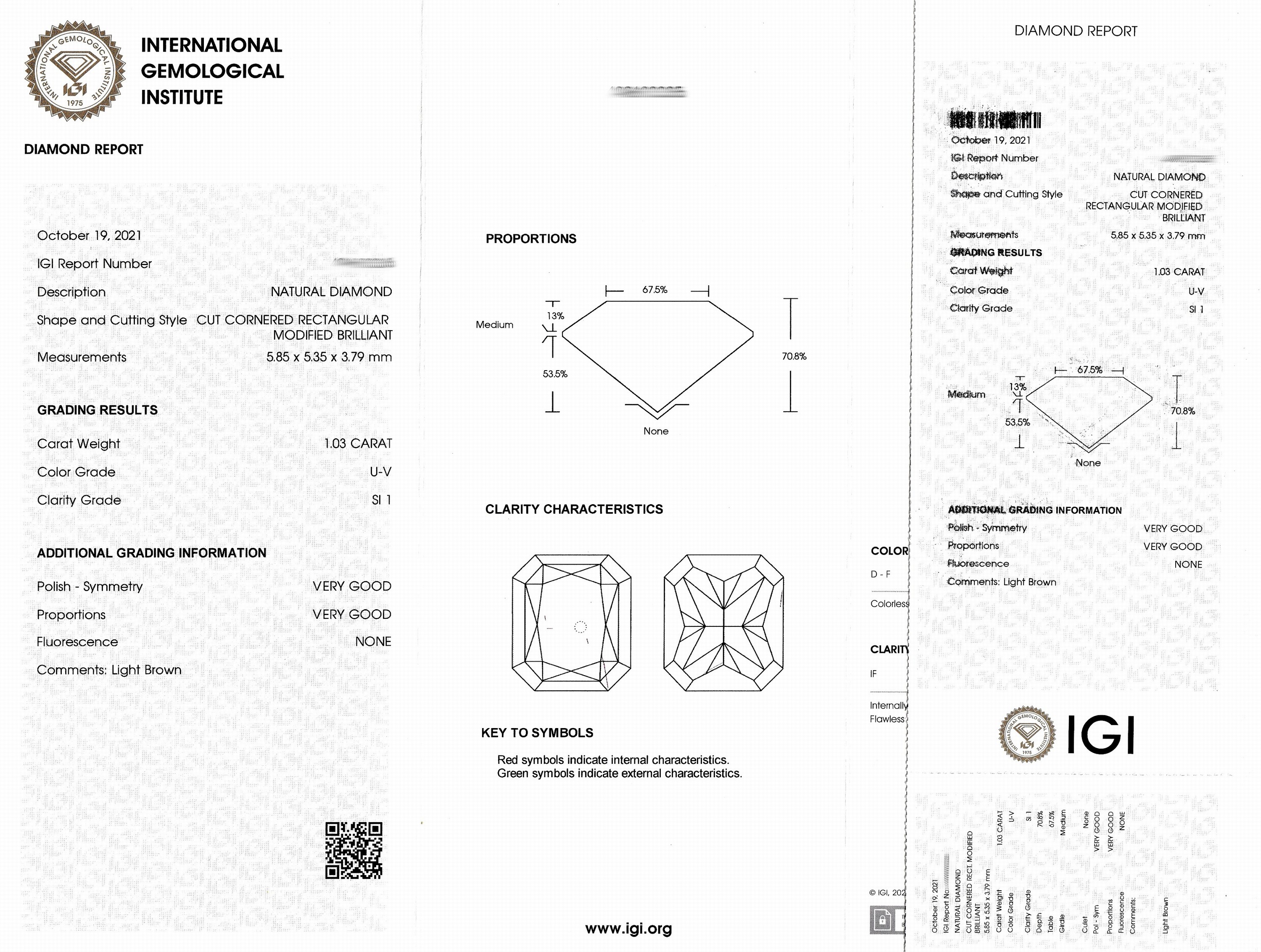 Detail a: Loser Diamant im Rechteckschliff ca. 1.03 ct Getönt(U-V)/si1, eingeschweißt, IGI-Report
