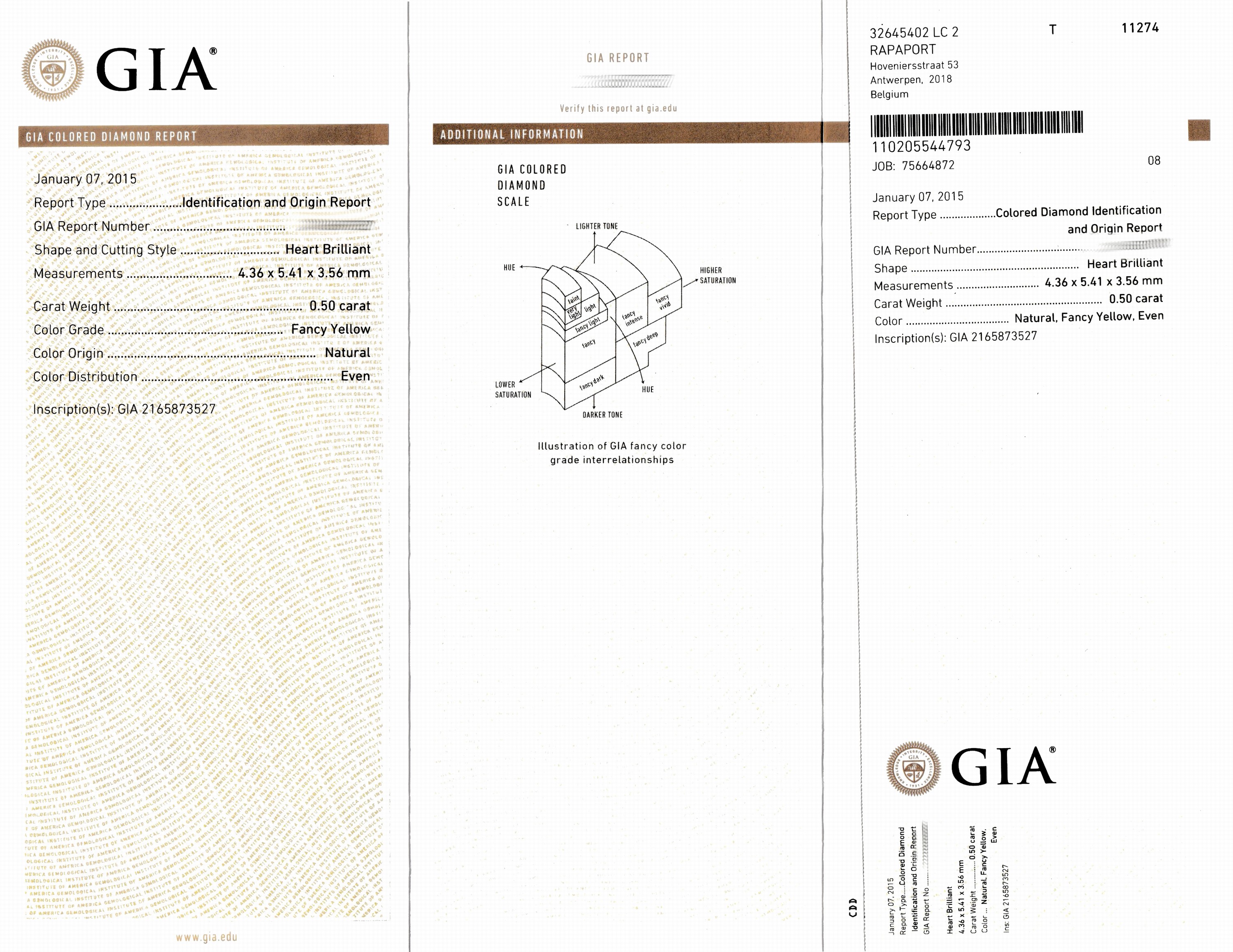 Detail b: Loser Diamant, 0.50 ct Natural Fancy Yellow, facett. Herz, GIA-Report