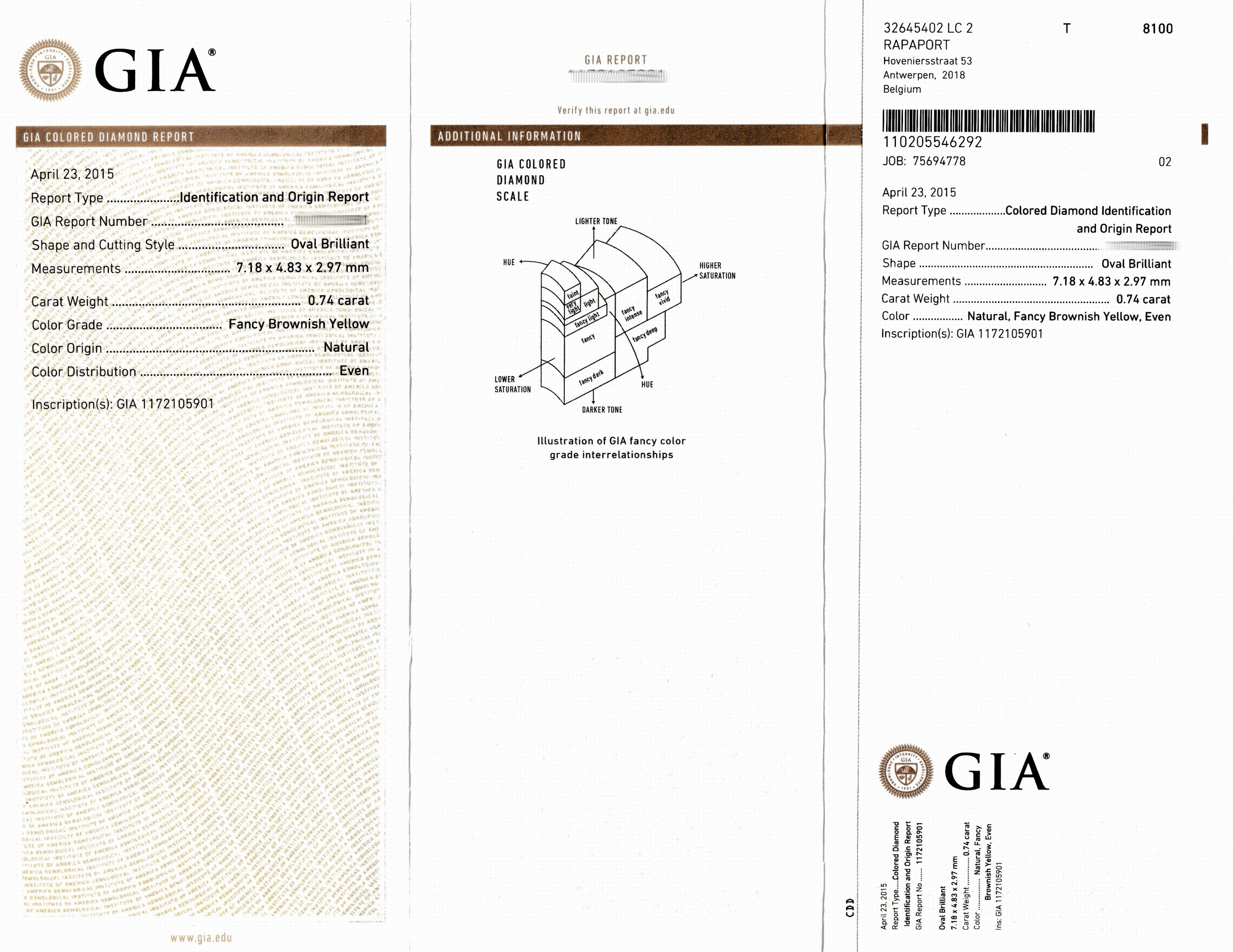 Detail a: Loser ovalfacett. Diamant ca. 0.74 ct natural fancy brownish yellow, 7.18 x 4.83 x 2.97 mm, GIA-Report