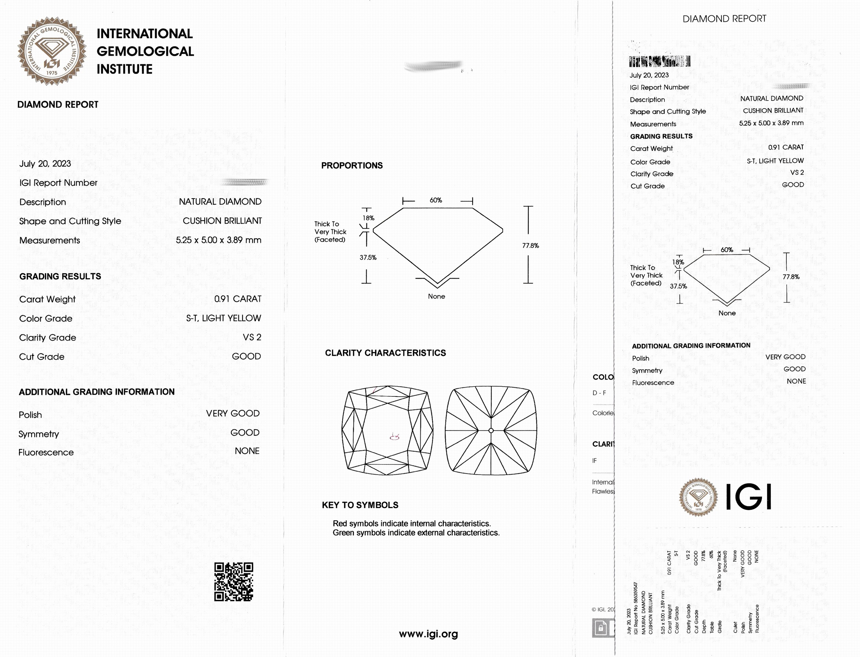 Detail a: Loser Diamant im Kissenschliff ca. 0.91 ct Getönt (S-T) light yellow/vs 2, ca. 5.25 x 5.00 x 3.89 mm, eingeschweißt, IGI-Report 07/2023