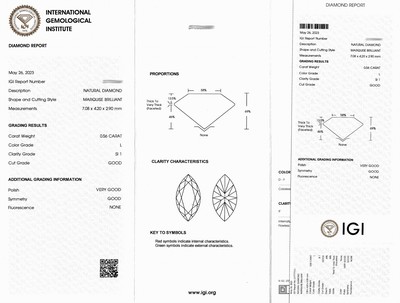 27076627a - Lose Diamant Navette ca. 0.56 ct get.Weiß (L)/si1, eingeschweißt, IGI-Report