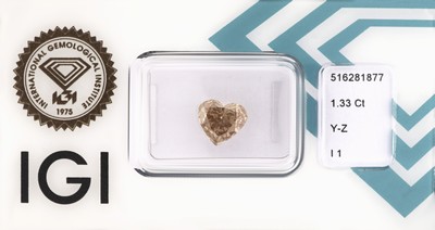 Image Loser Diamant, ca. 1.33 ct Getönt(Y-Z)/p1, facett. Herz, eingeschweißt, IGI-Report