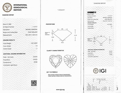27076663a - Loser Diamant, ca. 1.33 ct Getönt(Y-Z)/p1, facett. Herz, eingeschweißt, IGI-Report