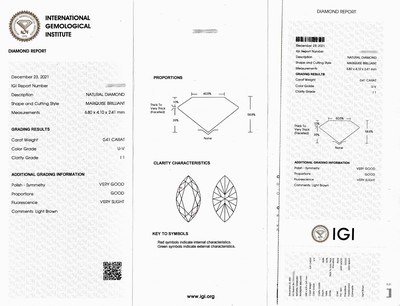 27076665a - Lose Diamant-Navette ca. 0.41 ct Getönt(U- V)/p1, eingeschweißt, IGI-Report