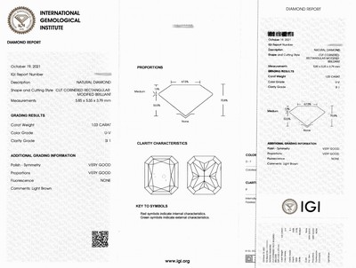 27076666a - Loser Diamant im Rechteckschliff ca. 1.03 ct Getönt(U-V)/si1, eingeschweißt, IGI-Report