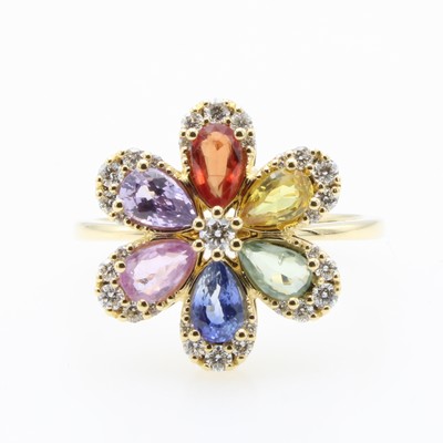 27076690a - Ring mit Saphiren und Brillanten, GG 750/000, 6 bunte Saphire zus. ca. 1.53 ct, 31 ...