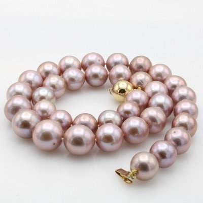 27076697a - Süßwasserzuchtperlenkette, Kugelschl. GG 585/000, pinkfarb. Mingperlen im Verlauf, D. ...